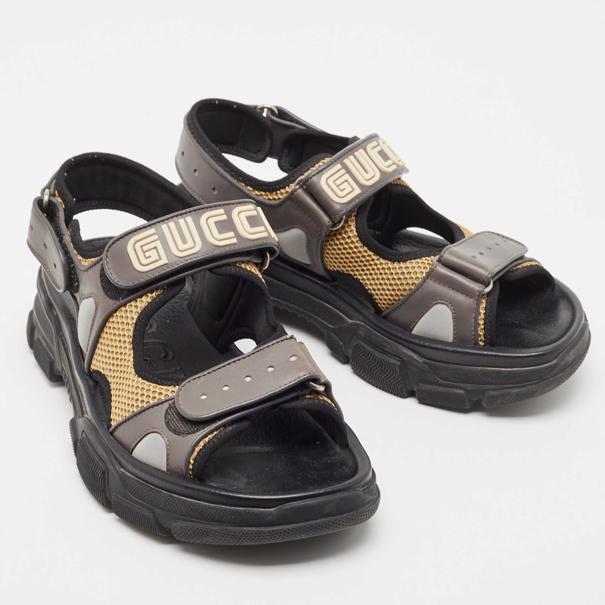 Gucci Grey/Beige Mesh And Leather Logo Sandals Size 41.5