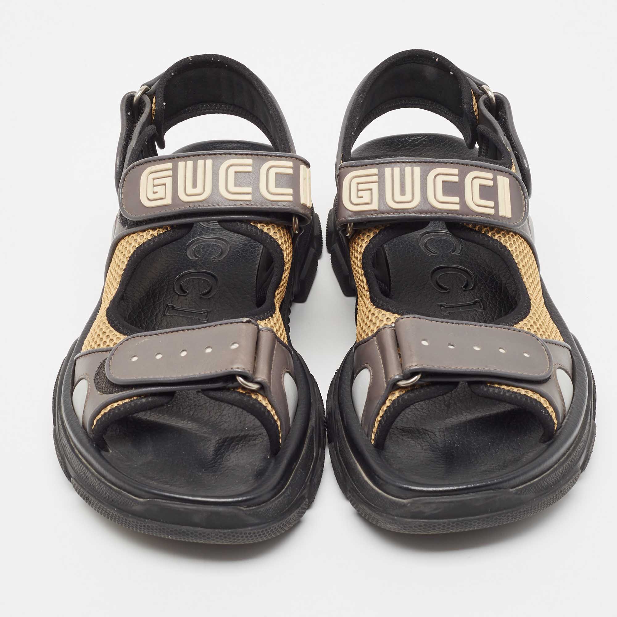 Gucci Grey/Beige Mesh And Leather Logo Sandals Size 41.5