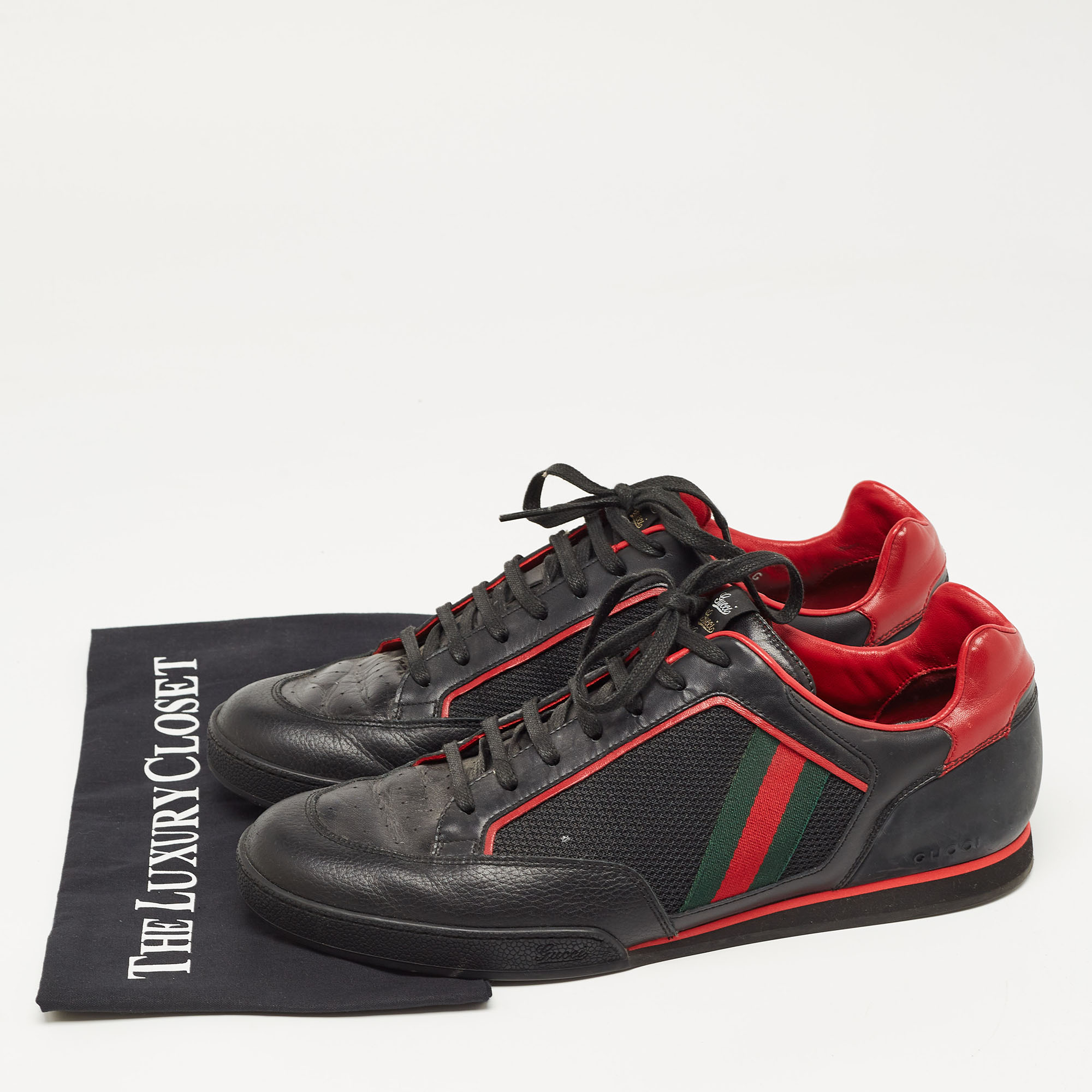 Gucci Black/Red Leather And Mesh Vintage Tennis Sneakers Size 43.5