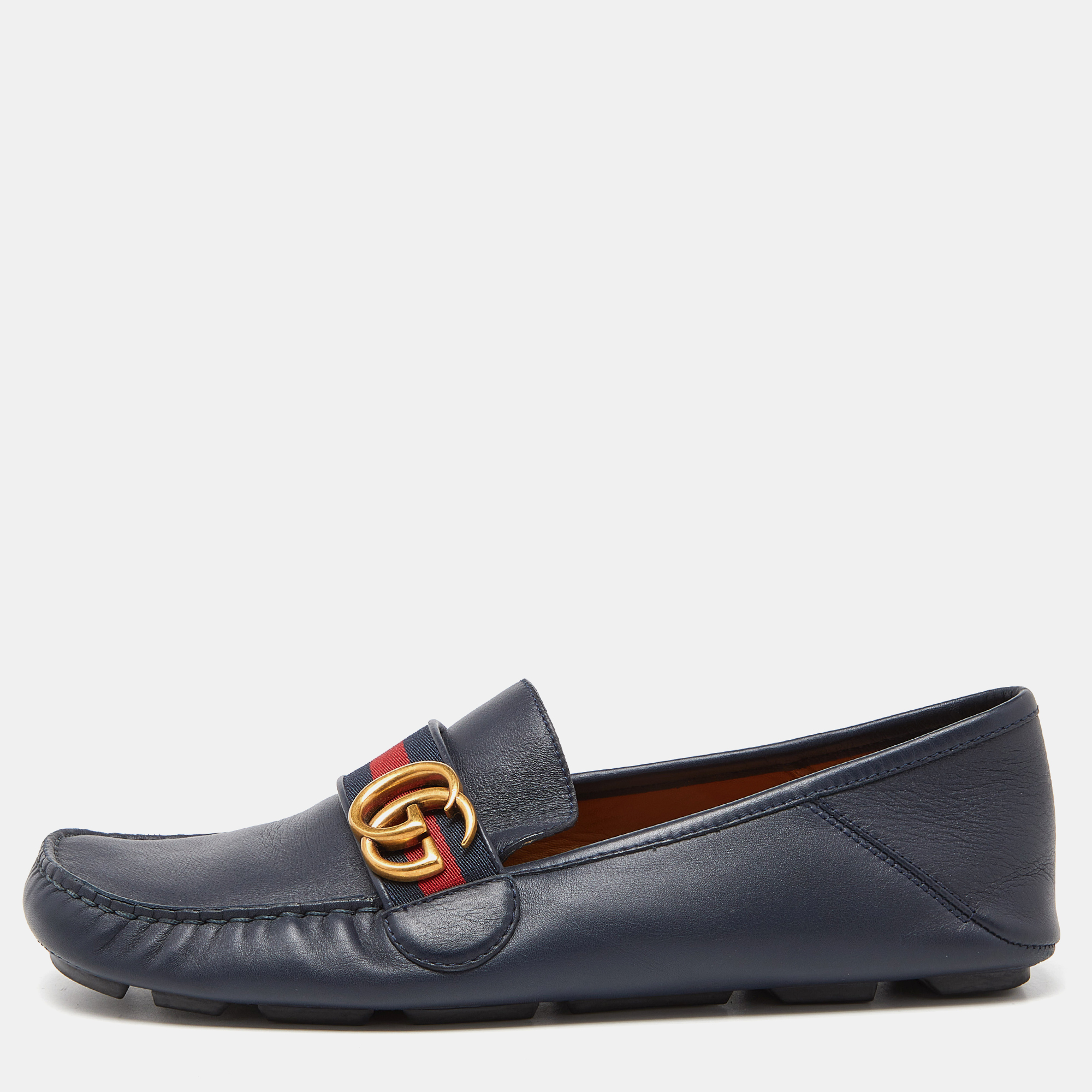 Gucci Blue Leather Web Horsebit Loafers Size 41