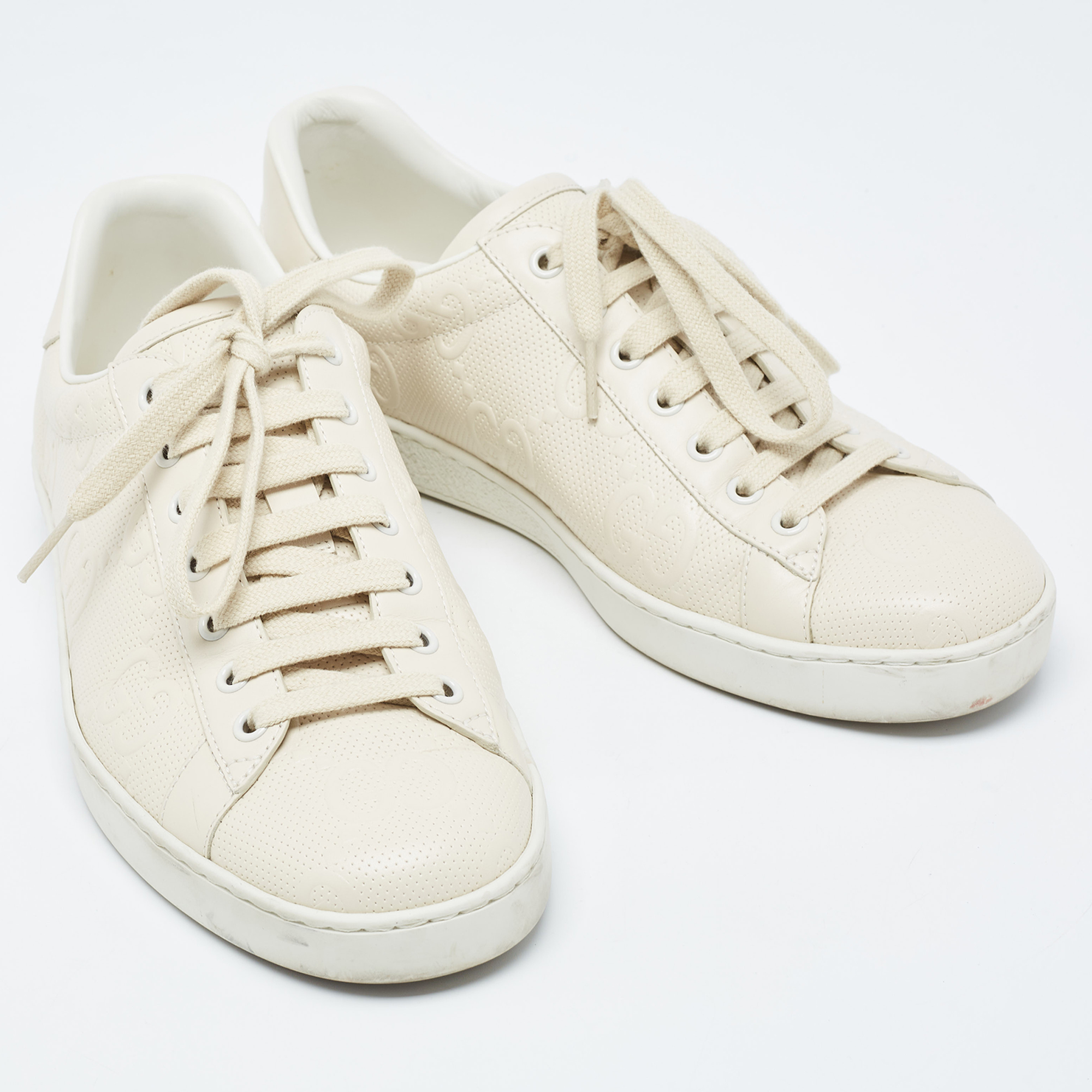 Gucci Cream GG Leather Lace Up Sneakers Size 43