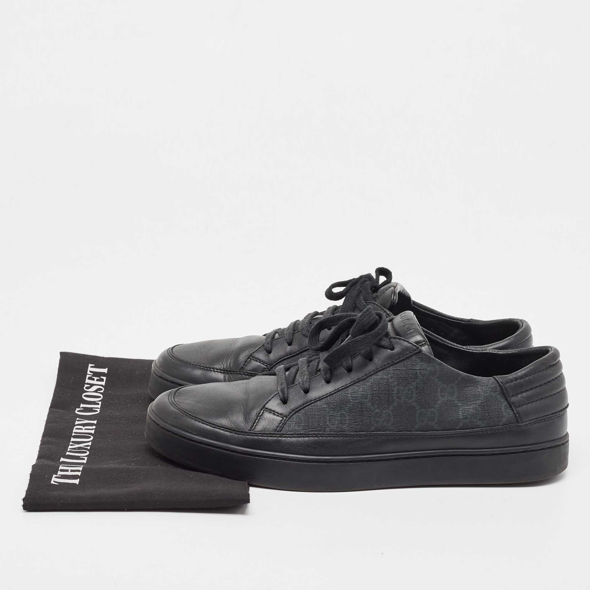 Gucci Black Leather And GG Supreme Canvas Low Top Sneakers Size 43