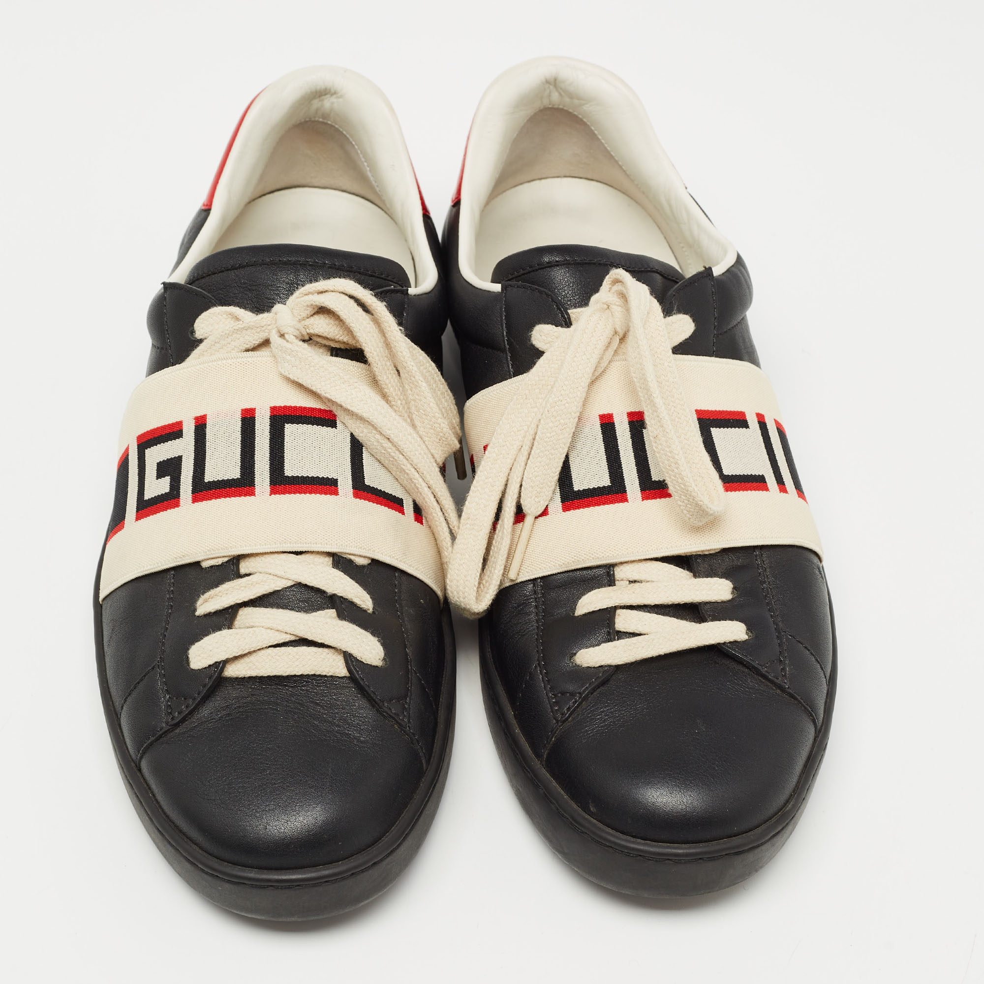 Gucci Black Leather And Stretch Band New Ace Logo Strap Low Top Sneakers Size 42.5