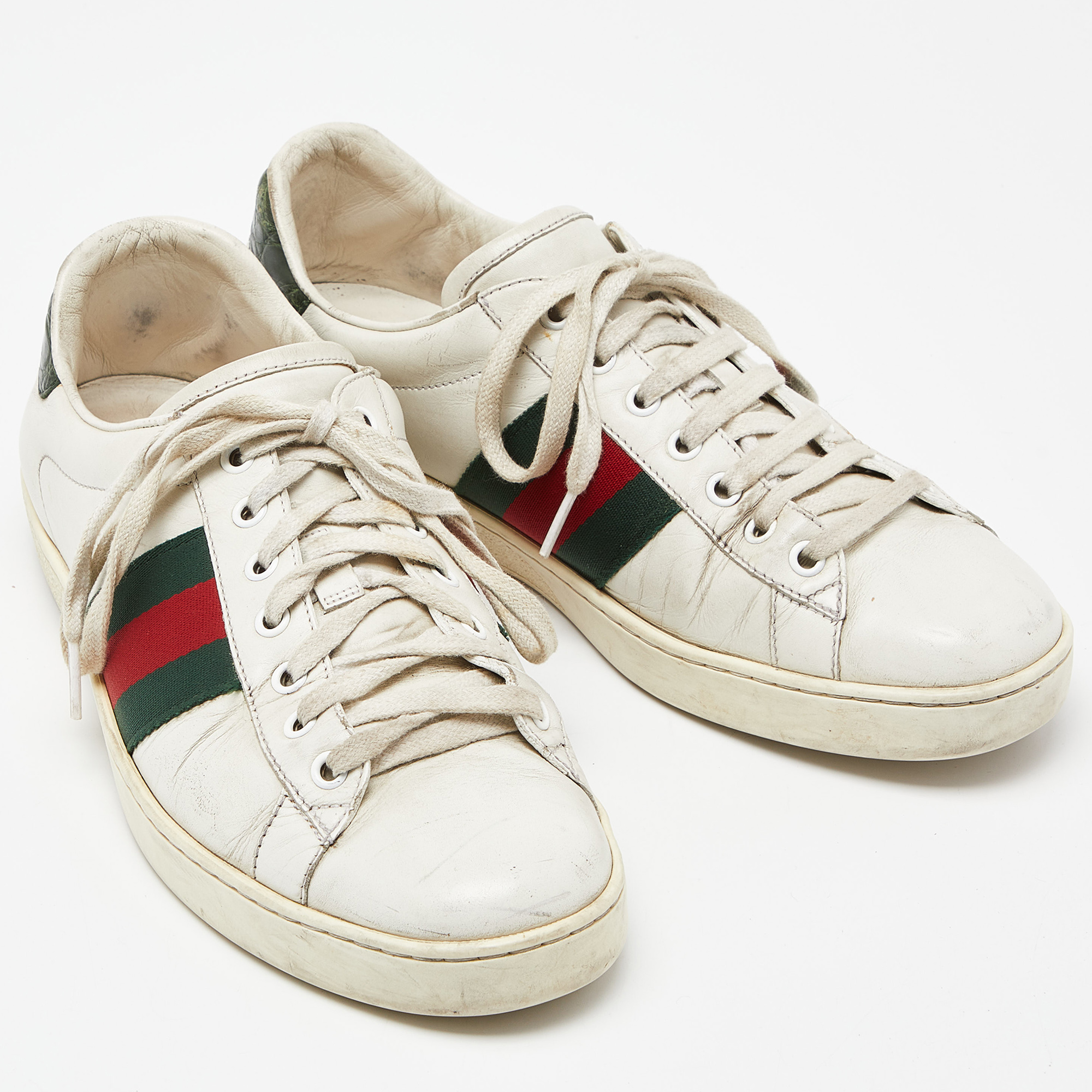 Gucci White Leather Web Ace Low Top Sneakers Size 42.5