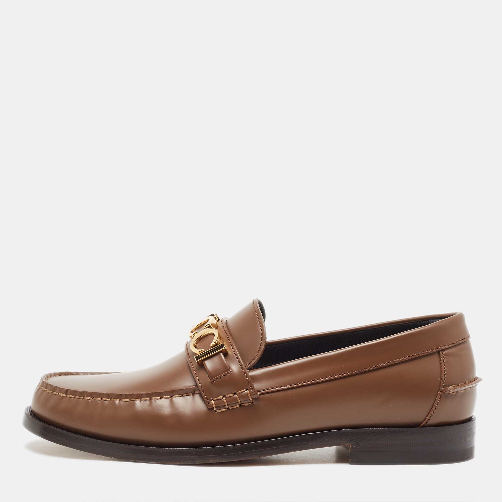 Gucci Brown Leather Logo Embellished Cara Loafers Size 42