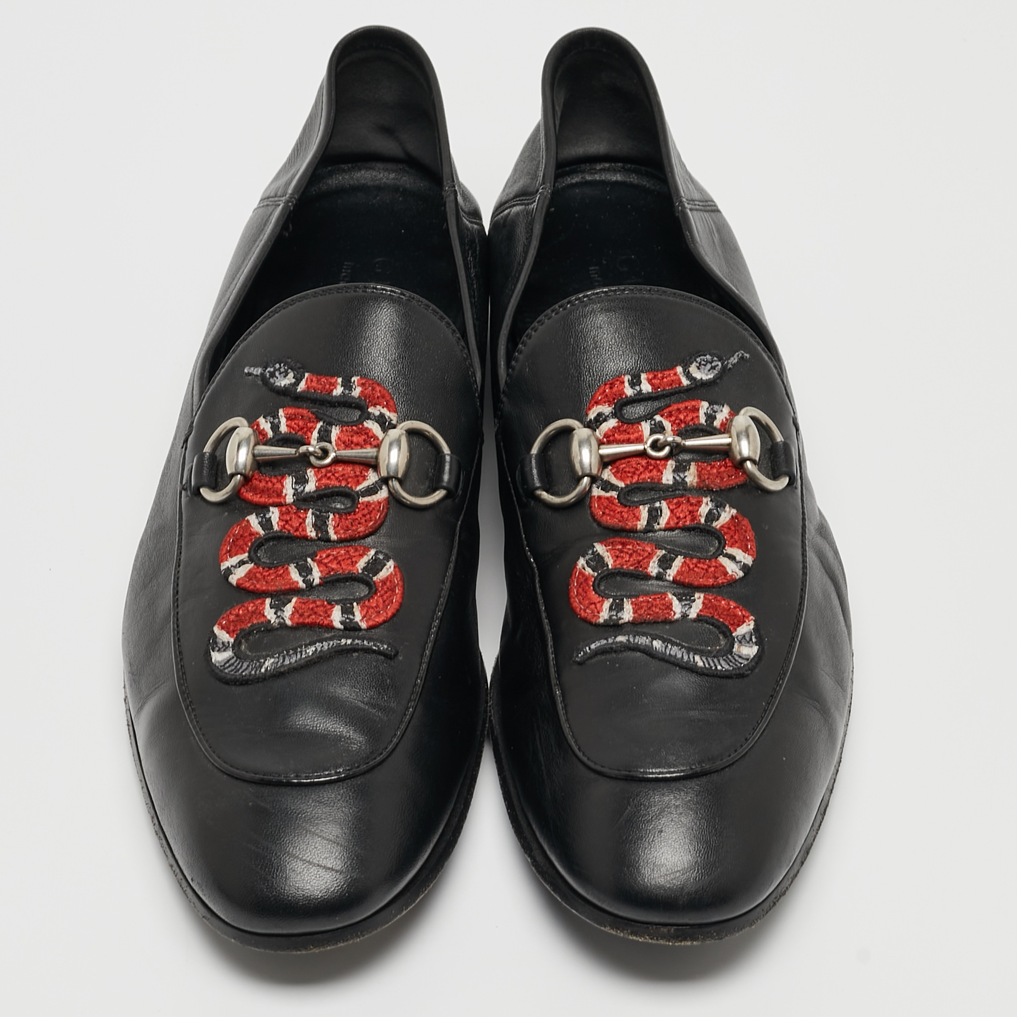 Gucci Black Leather Embroidered Kingsnake Brixton Horsebit Loafers Size 43
