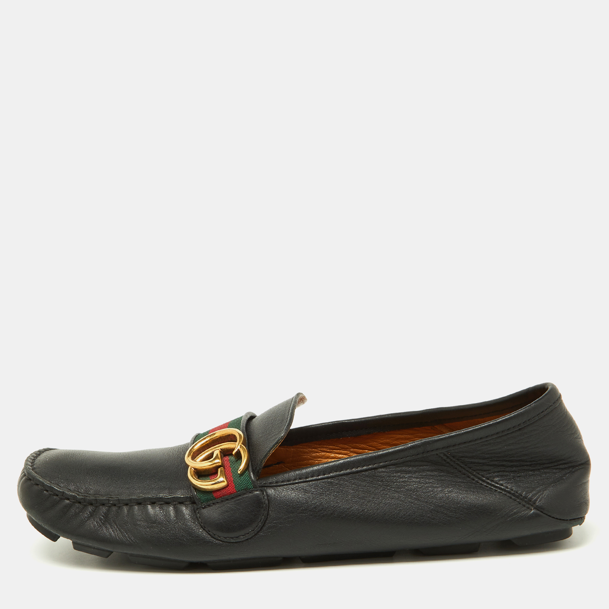 Gucci Black Leather GG Marmont Web Driver Slip On Loafers Size 43