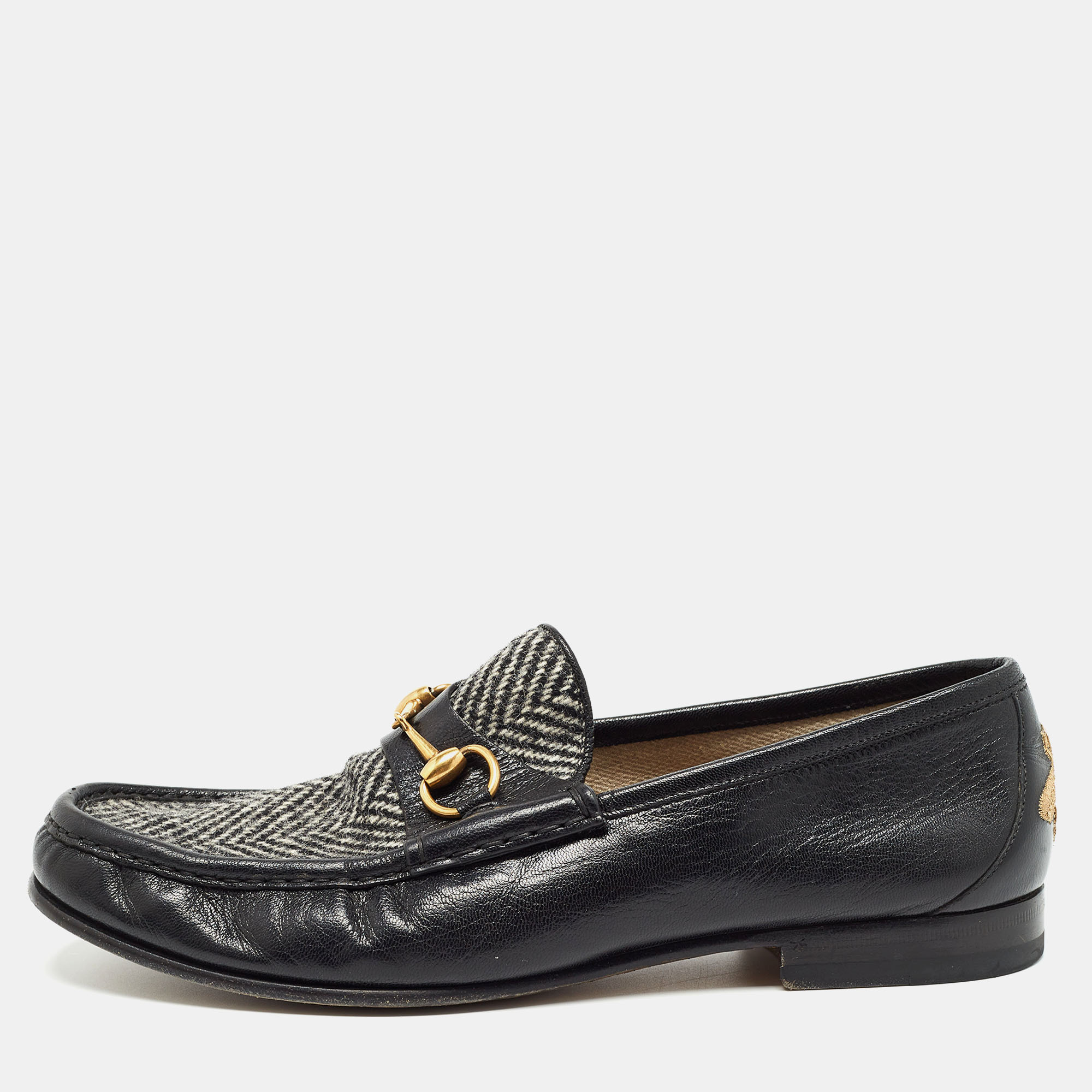 Gucci black leather and wool embroidered bee horsebit loafers size 44