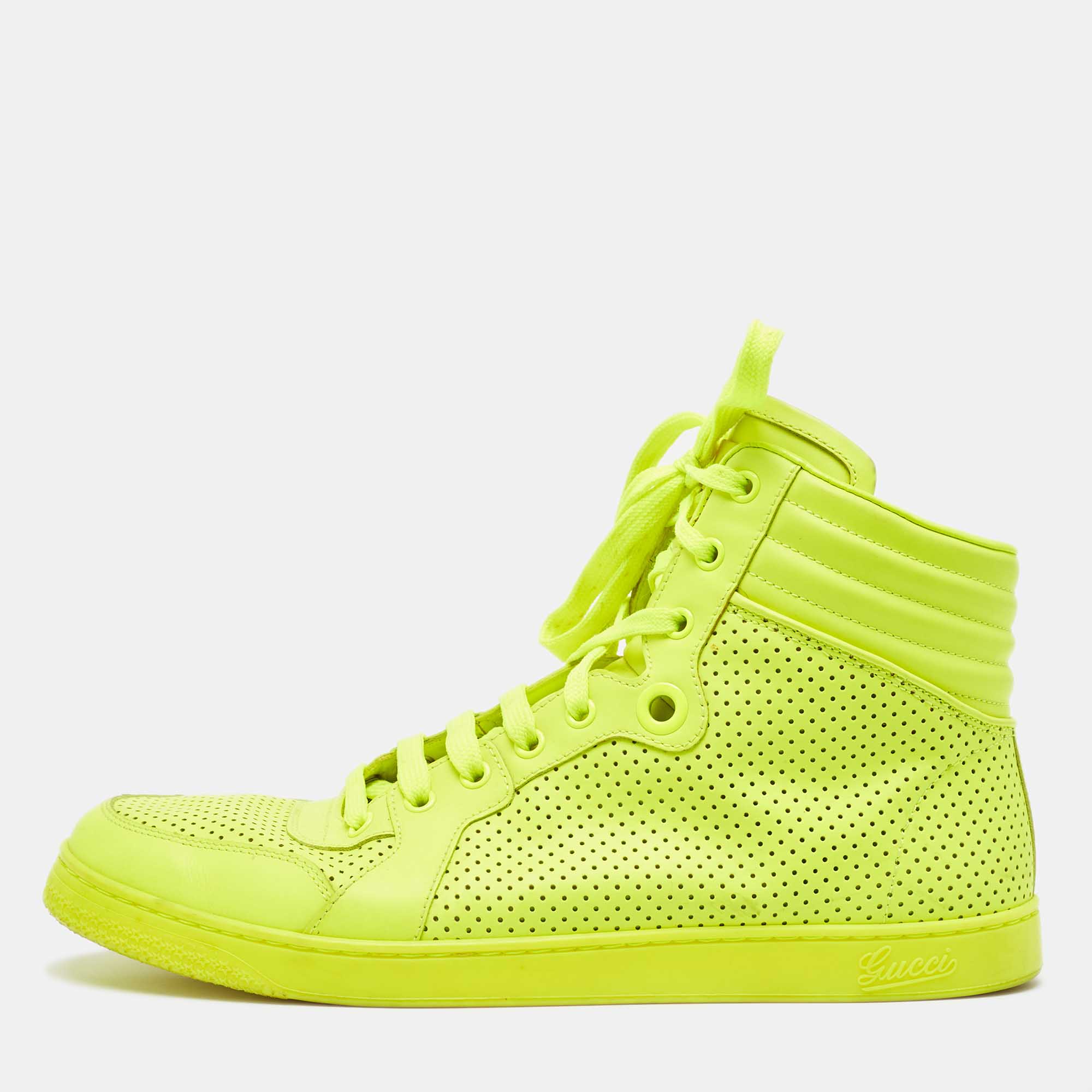 Gucci neon green perforated leather lace up high top sneakers size 43