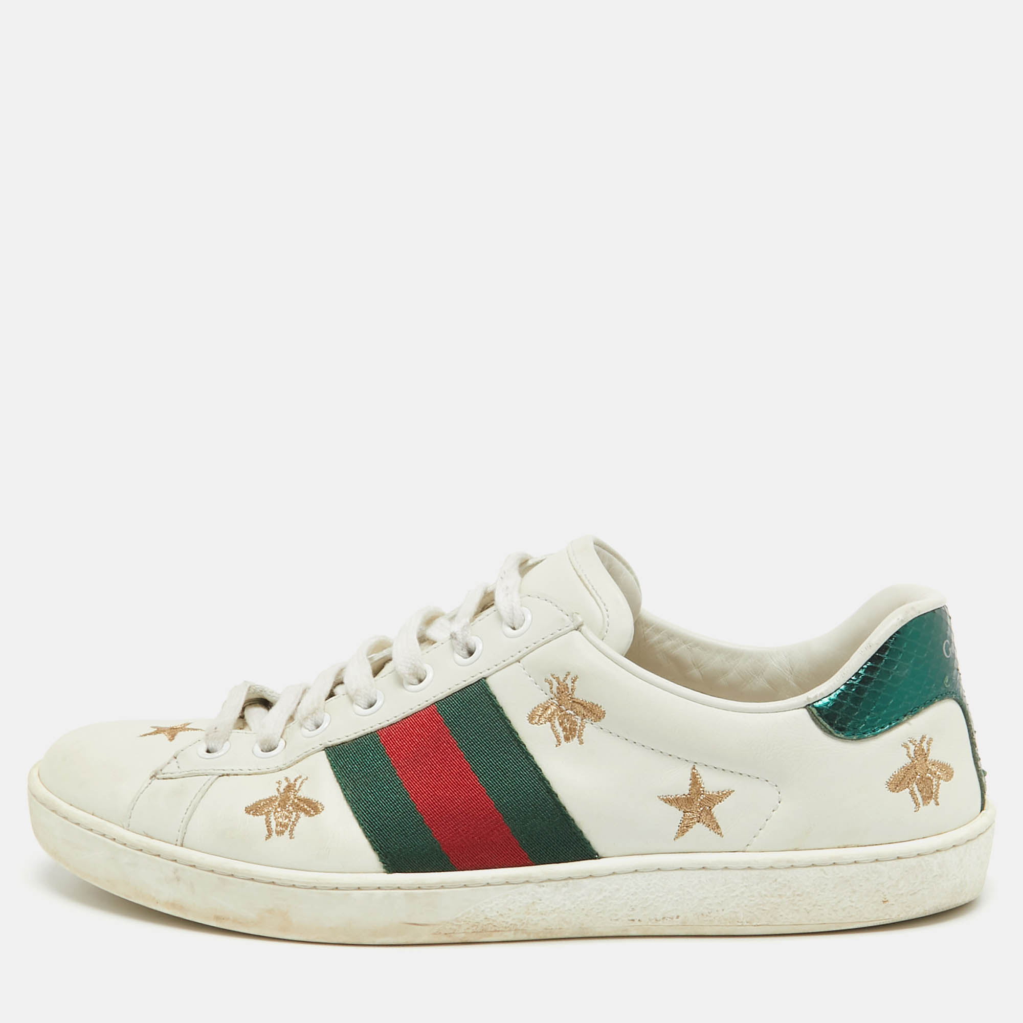 Gucci white leather ace web bee embroidered low top sneakers size 41