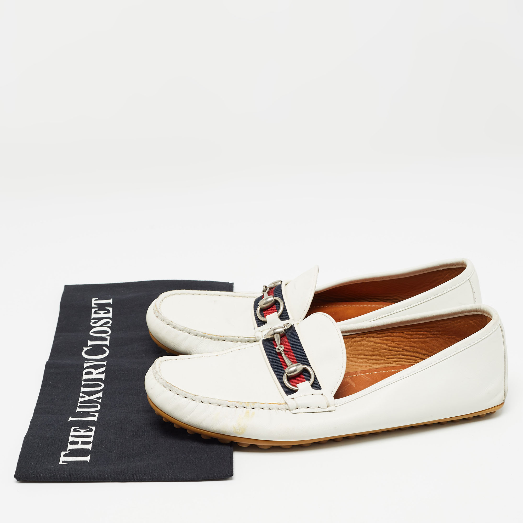 Gucci White Leather Web Horsebit Loafers Size 41