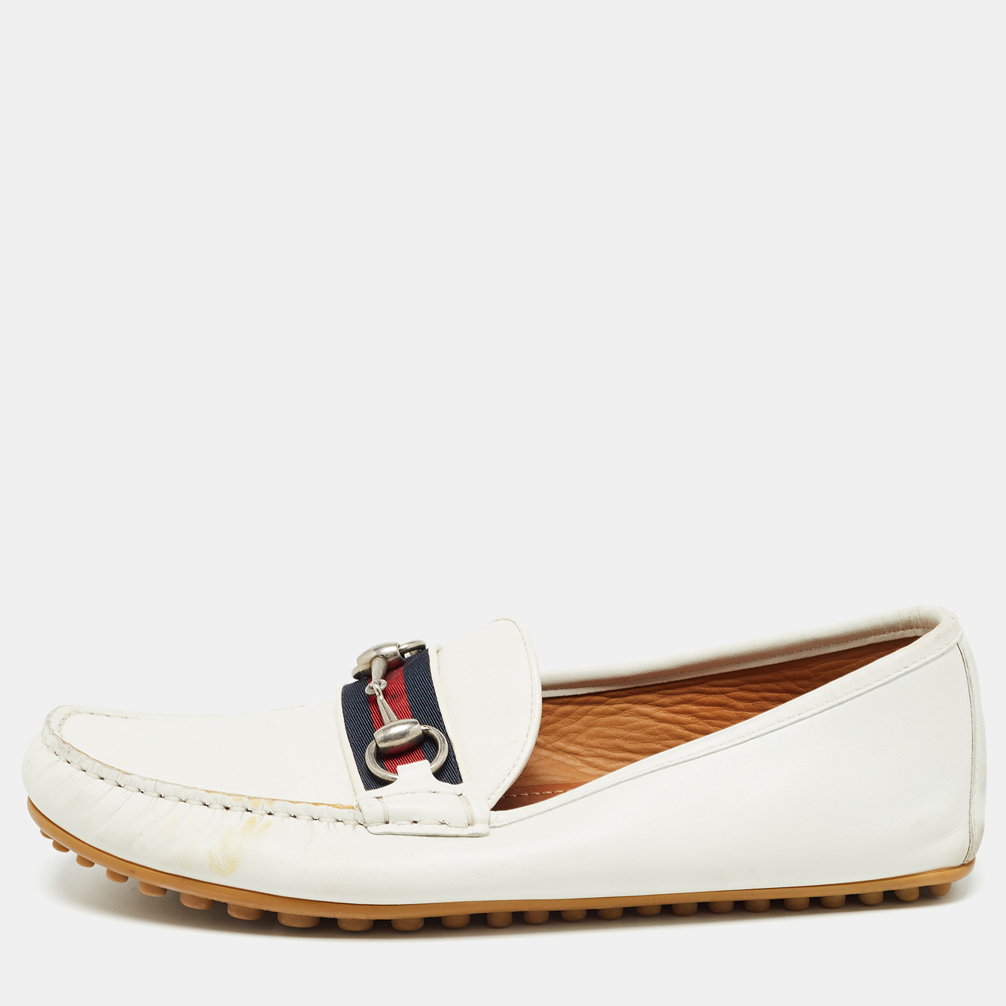 Gucci white leather web horsebit loafers size 41