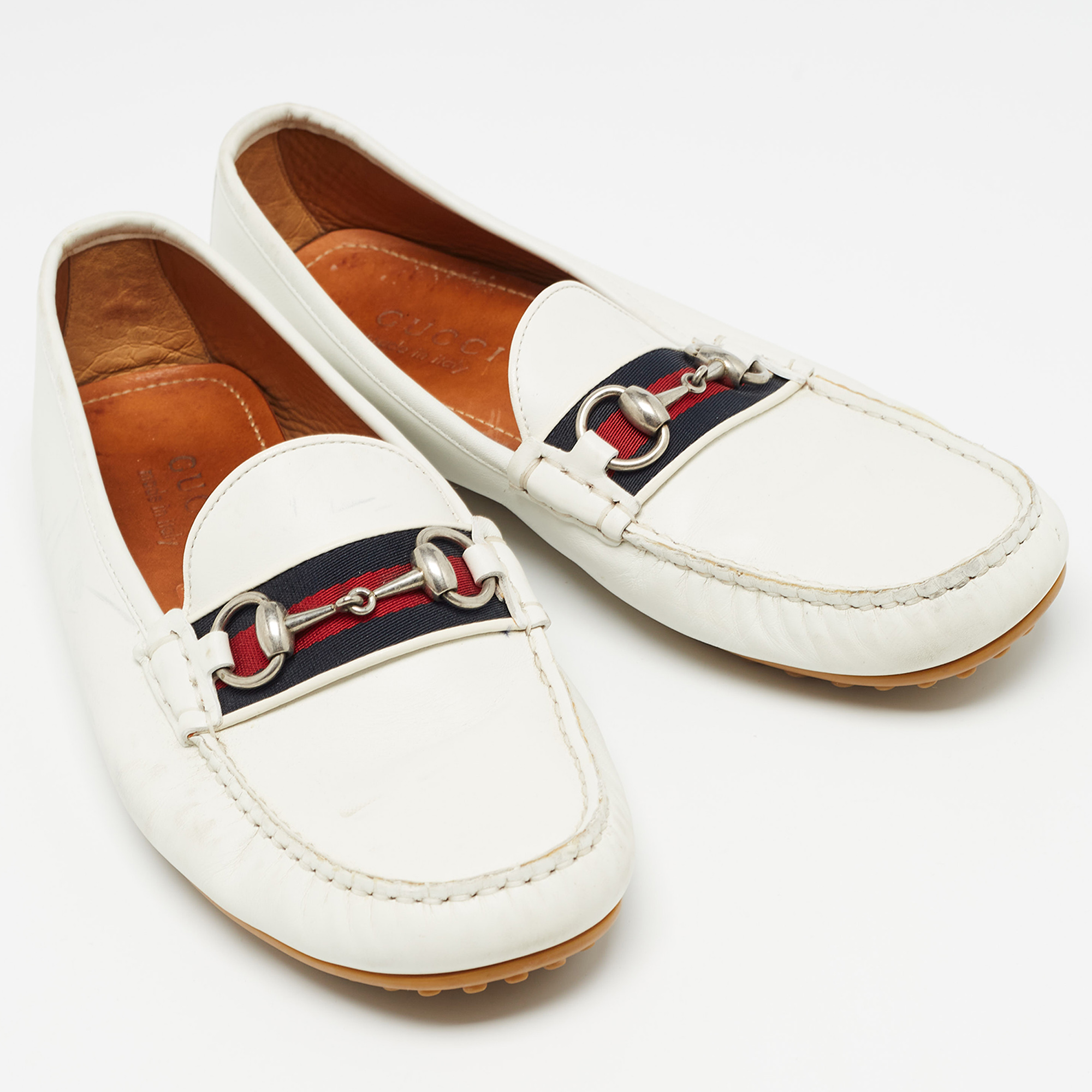 Gucci White Leather Web Horsebit Loafers Size 41