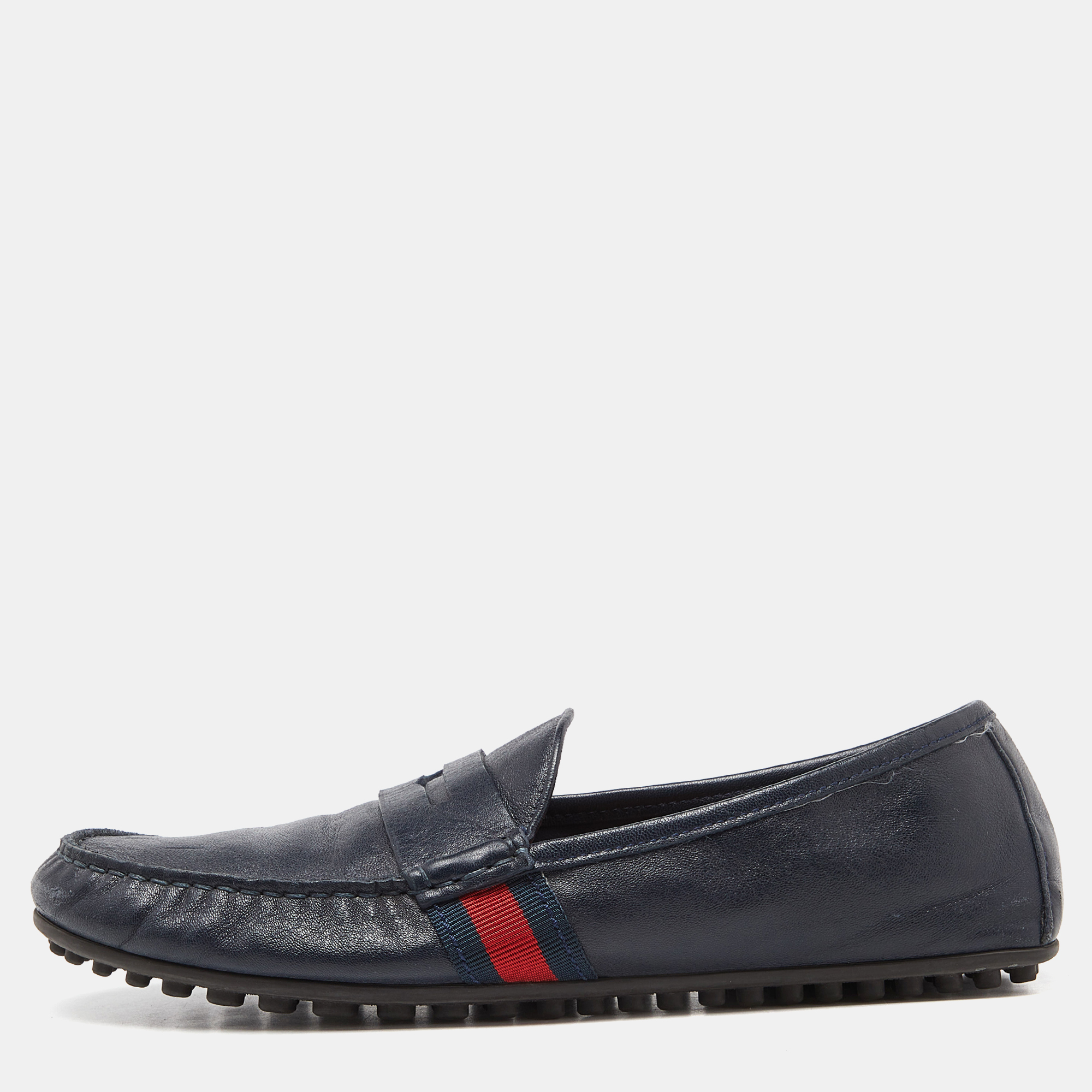 Gucci blue leather web accent penny slip on loafers size 41