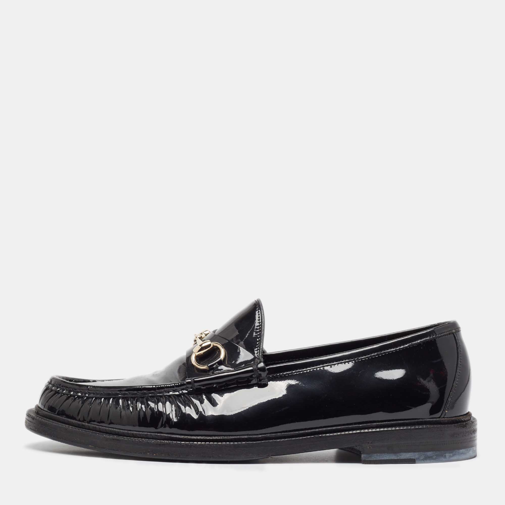Gucci black patent leather horsebit loafers size 42.5