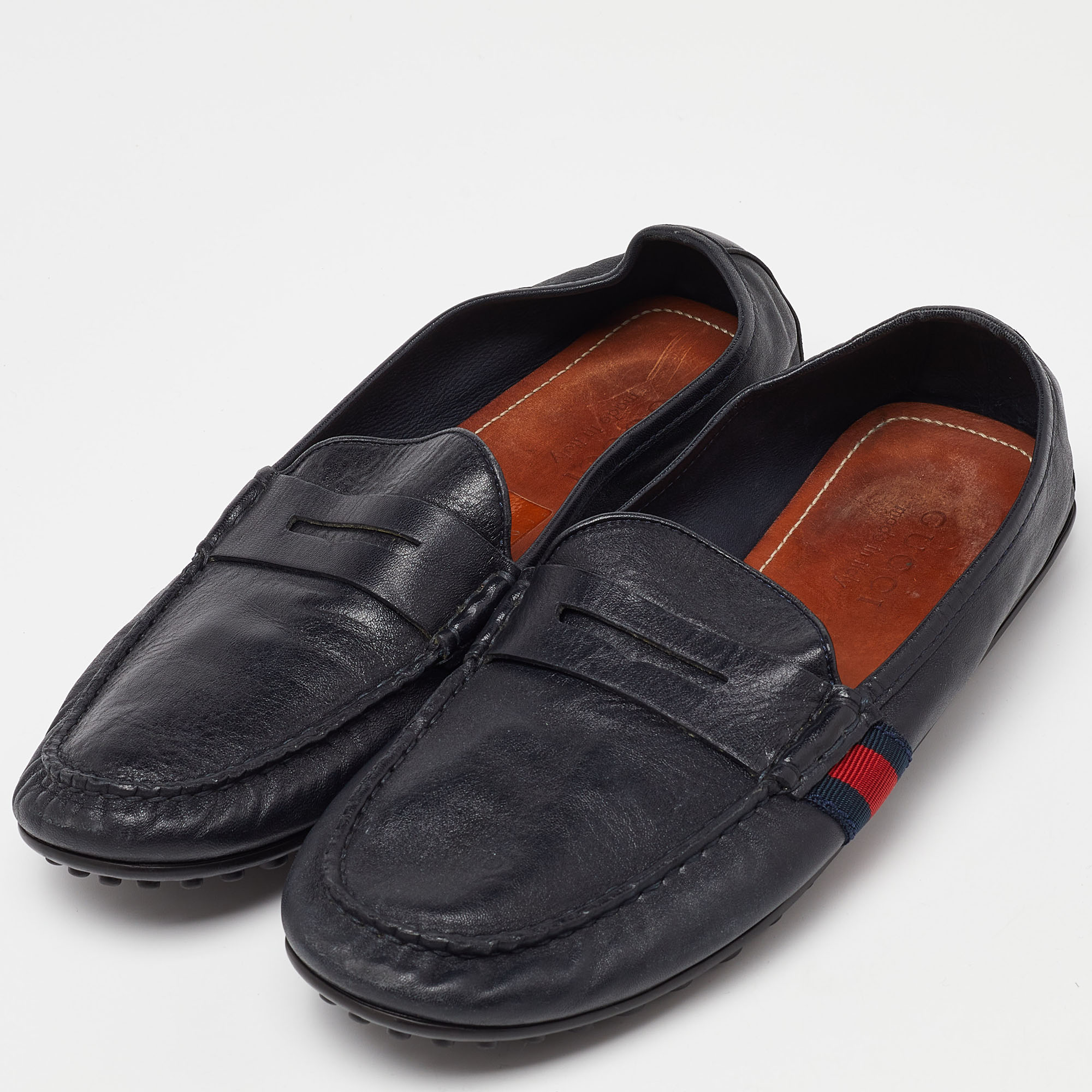 Gucci Black Leather Web Penny Slip On Loafers Size 43