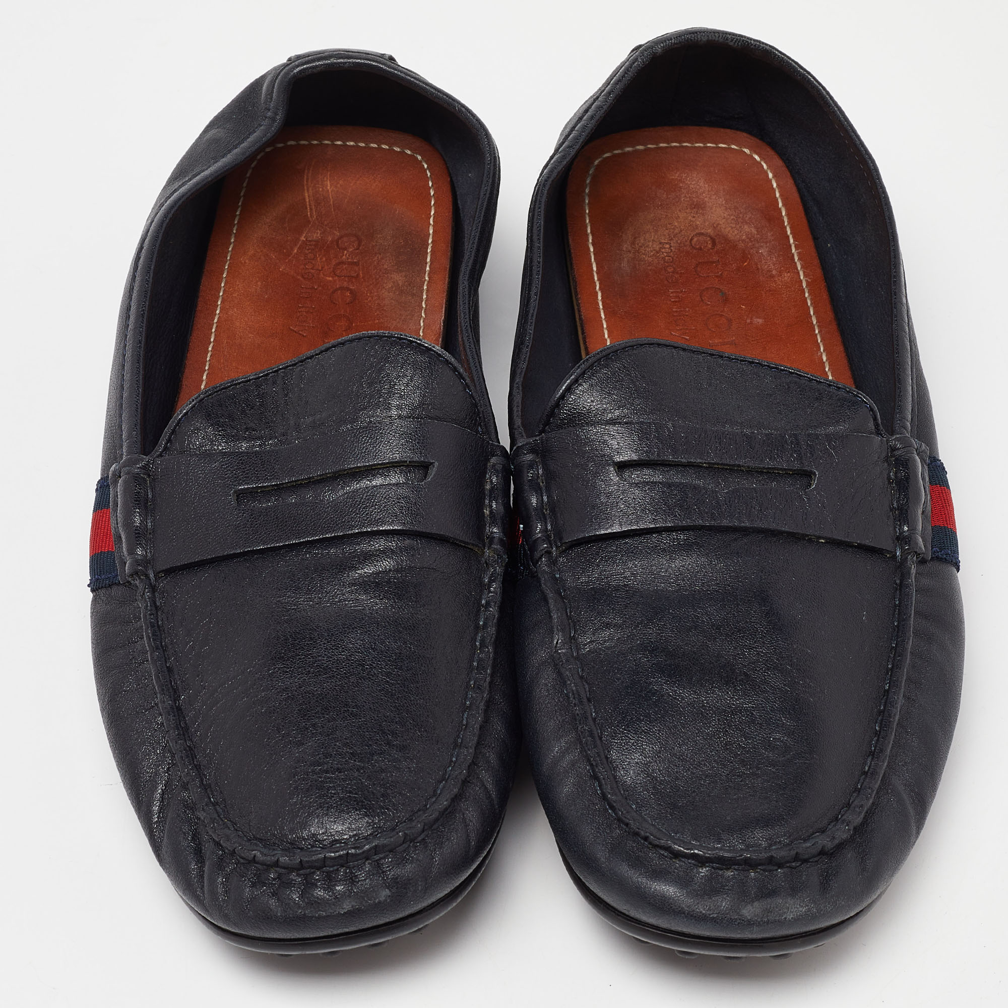 Gucci Black Leather Web Penny Slip On Loafers Size 43