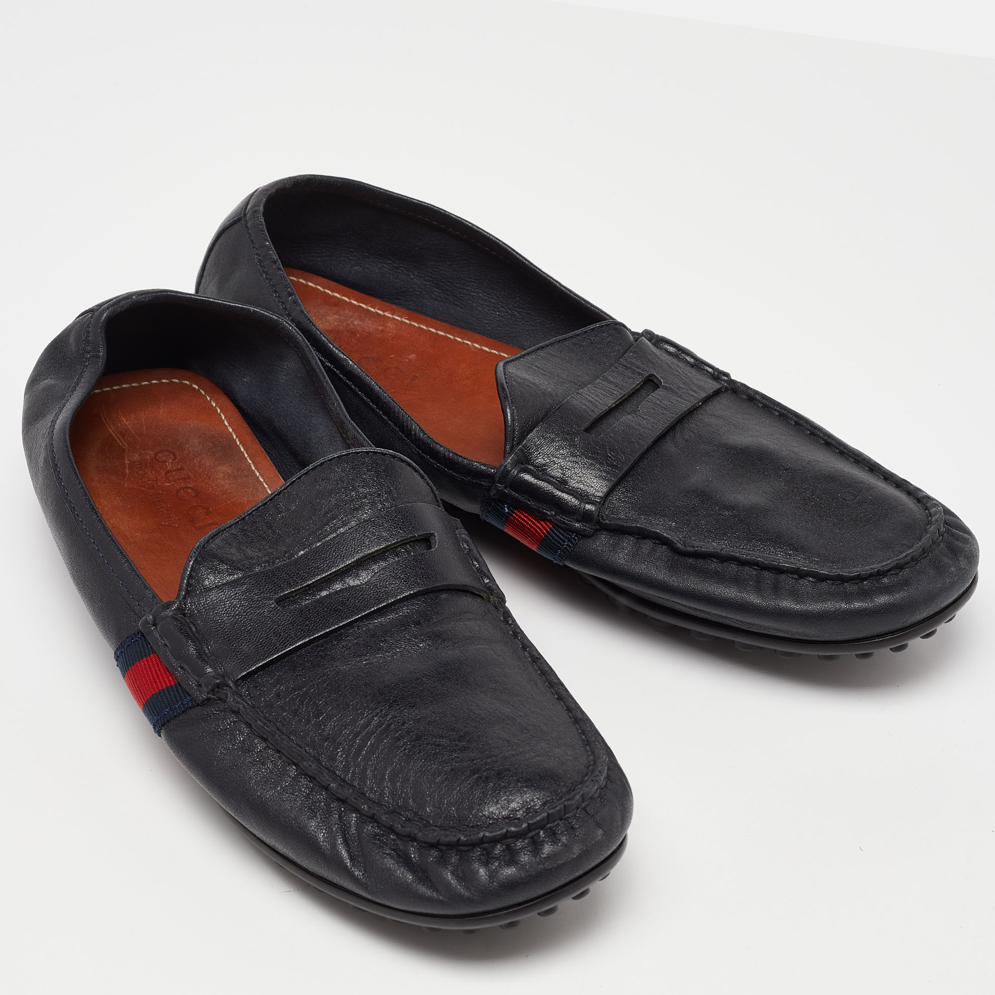 Gucci Black Leather Web Penny Slip On Loafers Size 43