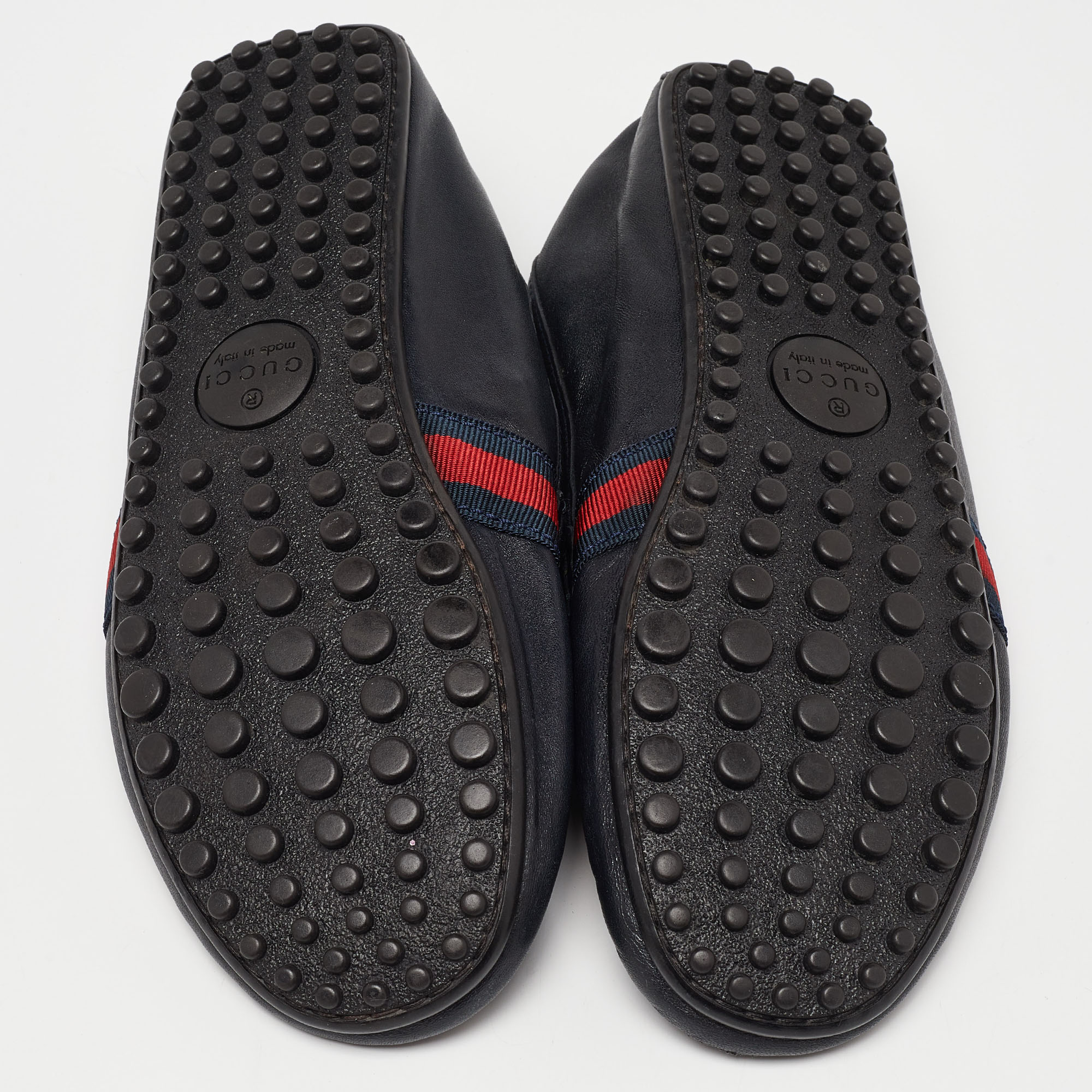 Gucci Black Leather Web Penny Slip On Loafers Size 43