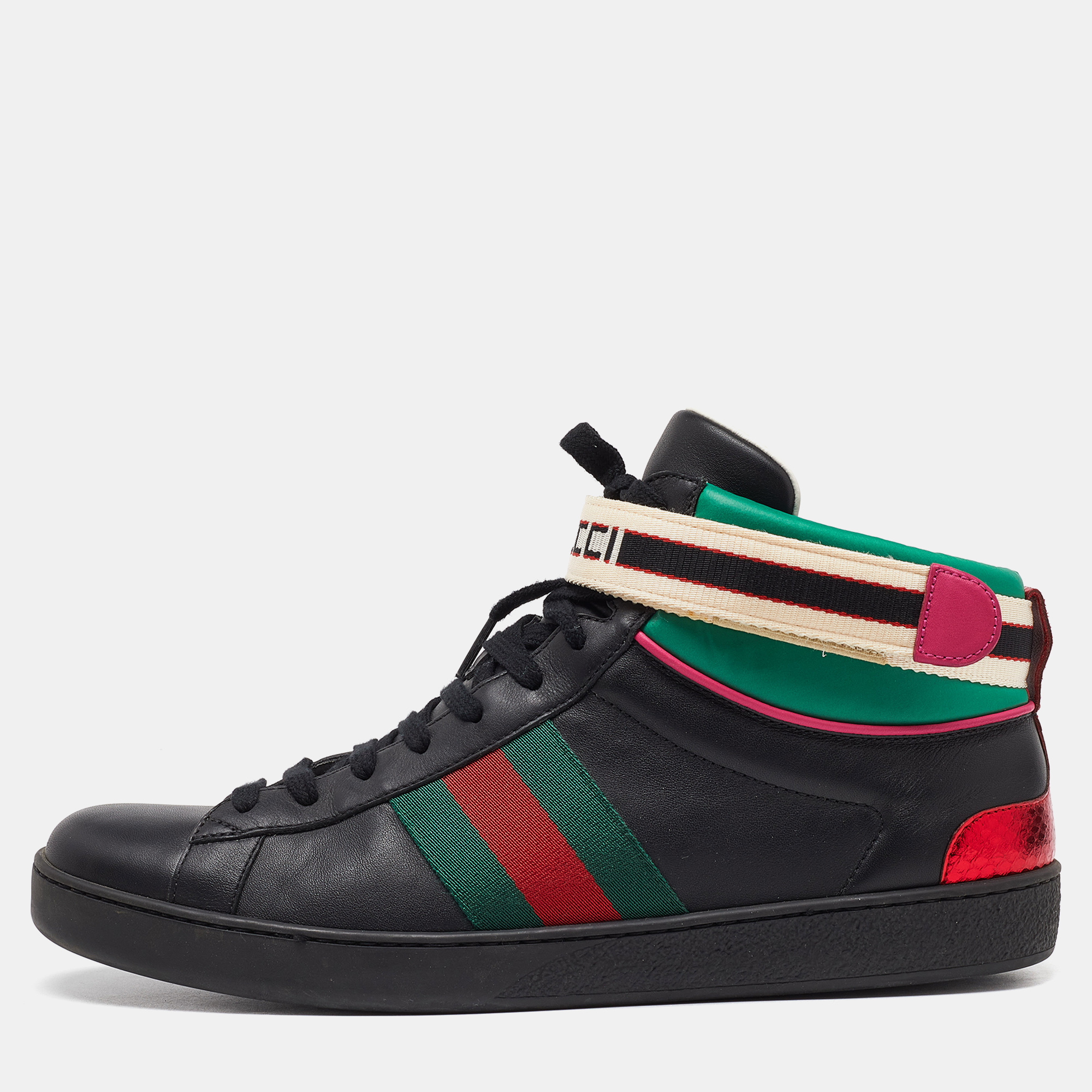 

Gucci Black/Green Leather Stripe Ace High Top Sneakers Size