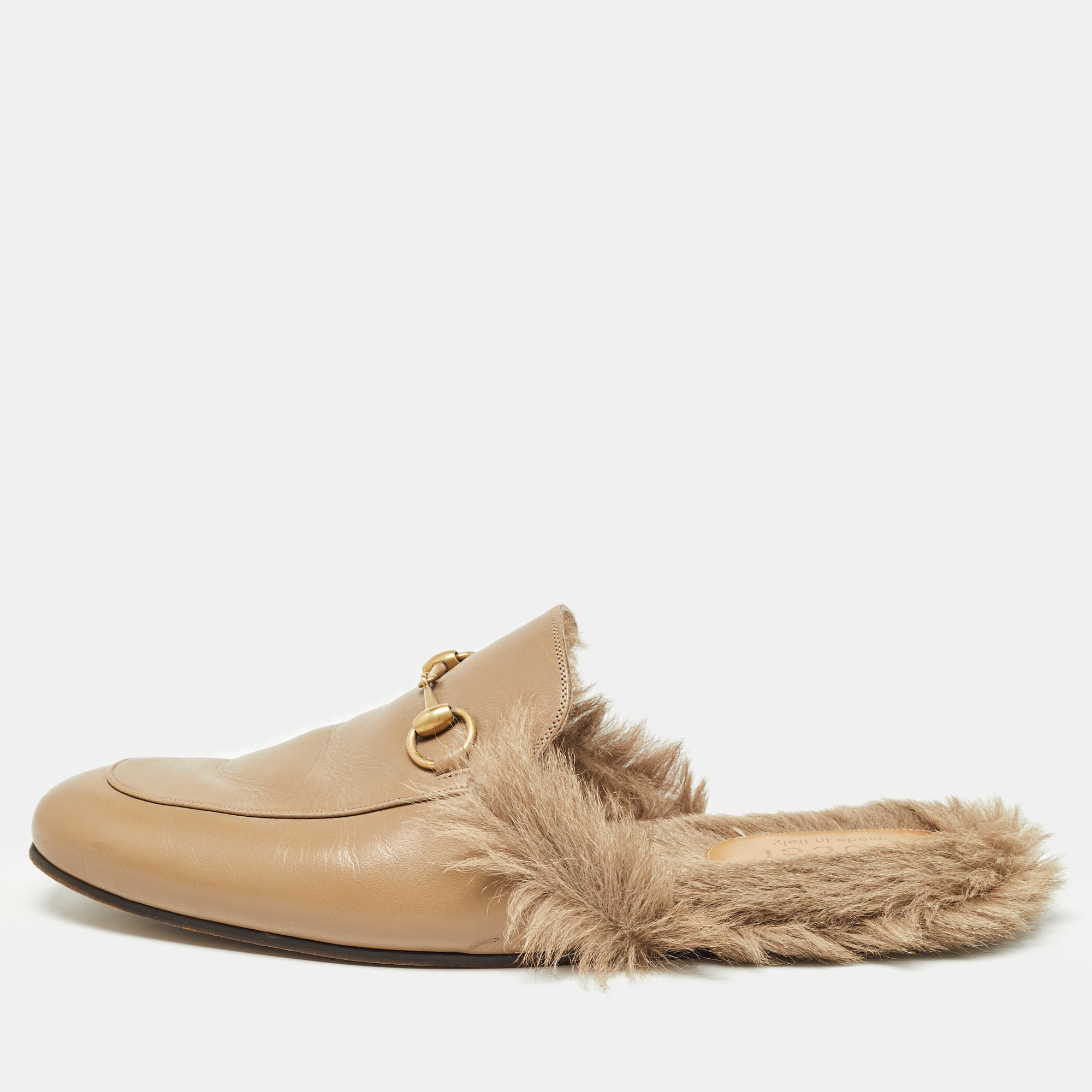 Gucci brown leather and fur princetown mules size 46