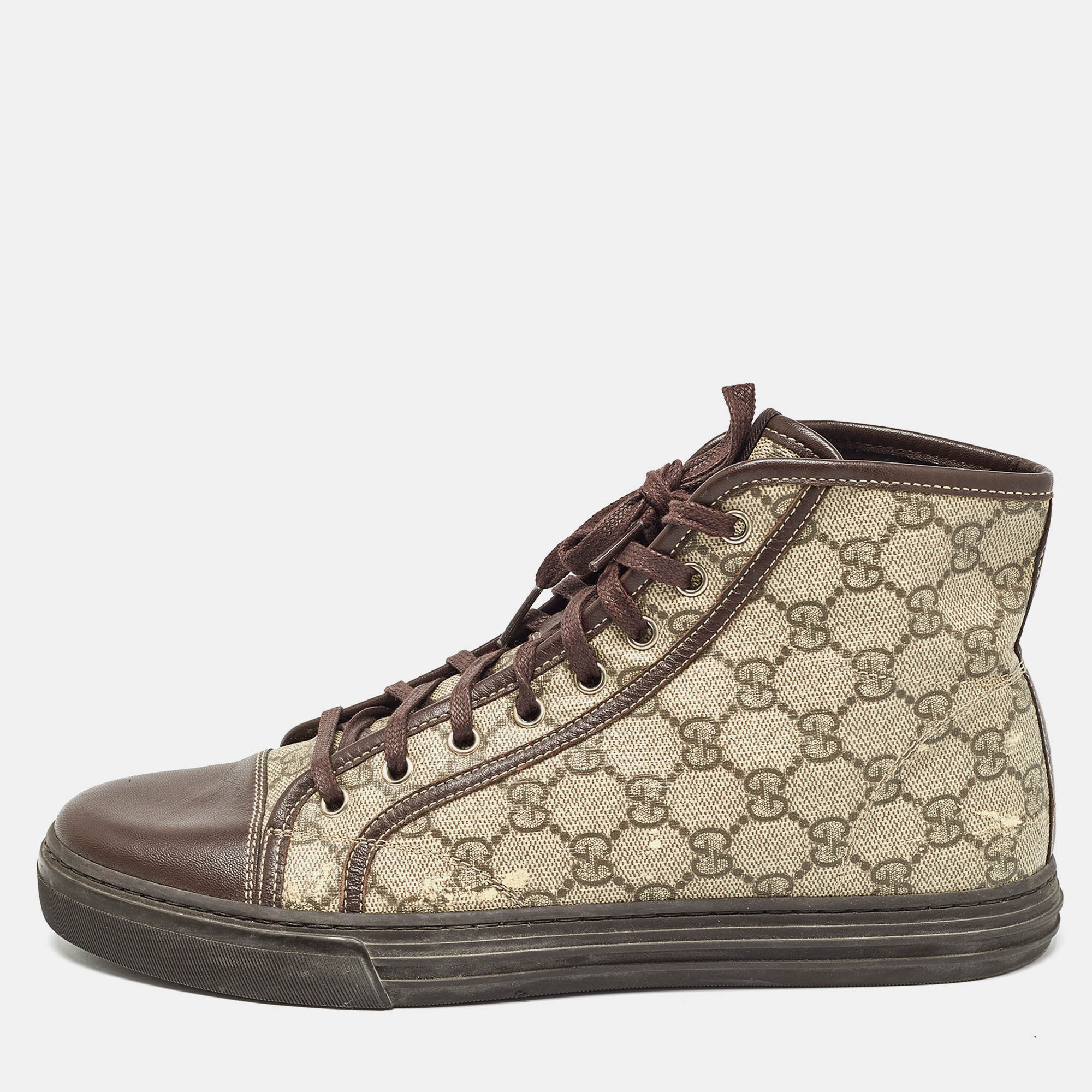 Gucci beige/brown gg supreme canvas and leather high top sneakers size 42