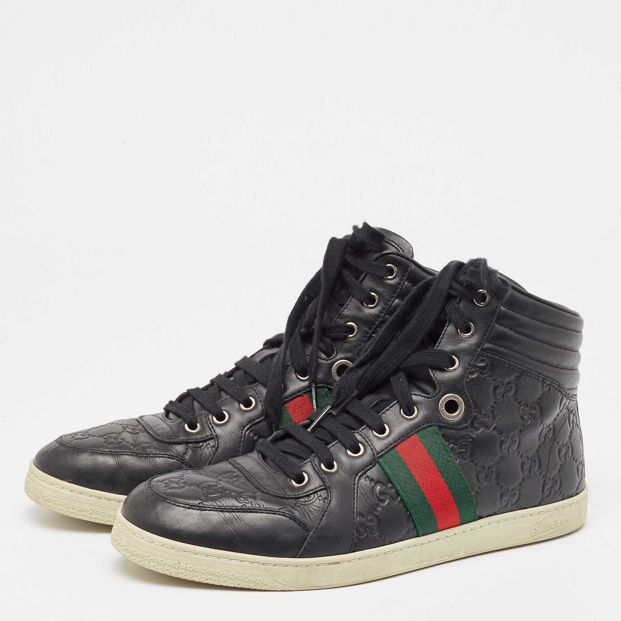 Gucci Black Guccissima Leather Web High Top Sneakers Size 43