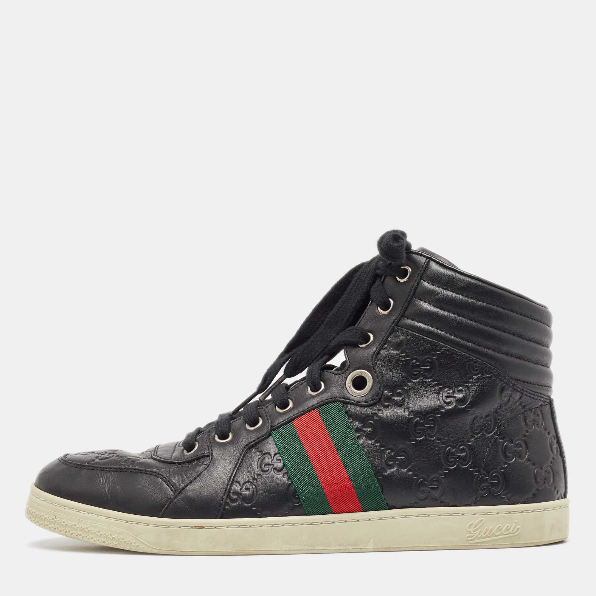 Gucci black guccissima leather web high top sneakers size 43