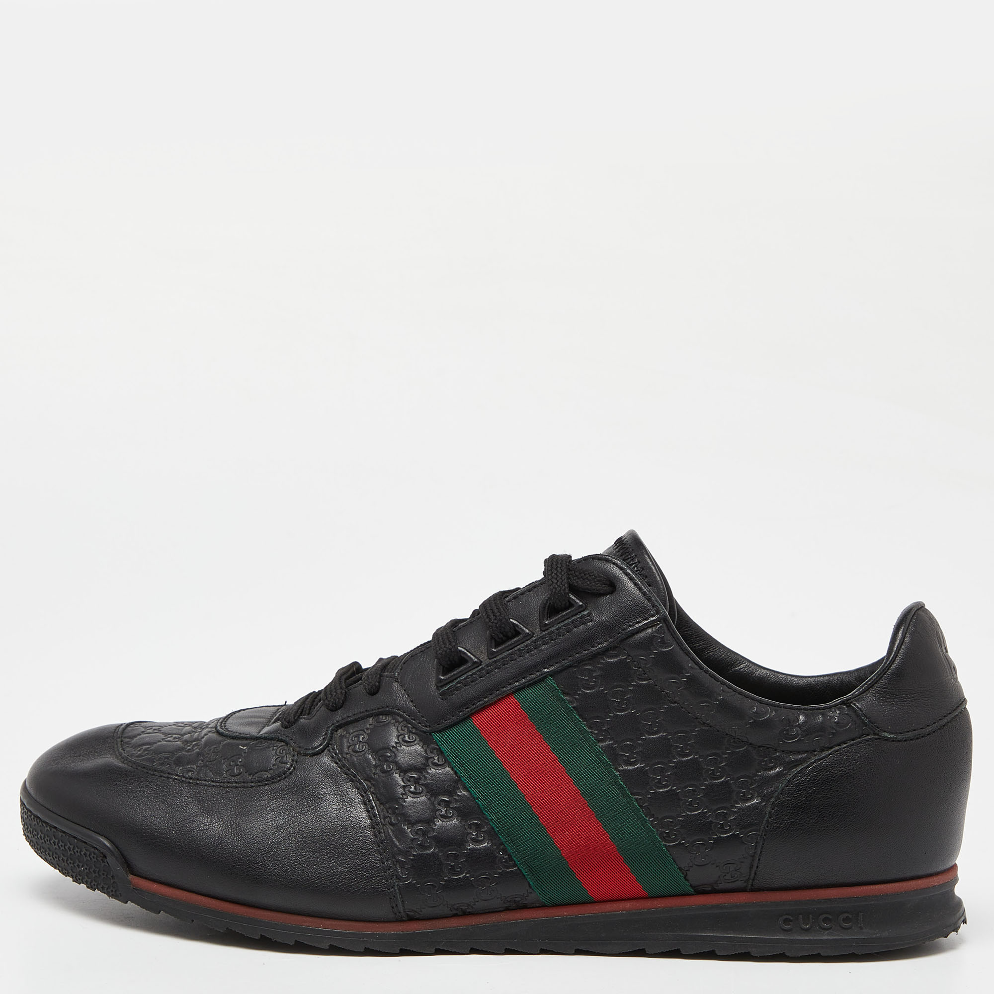 Gucci black guccissima leather web low top sneakers size 44.5