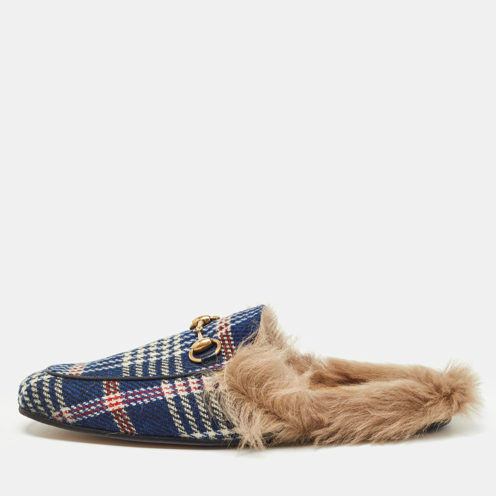 Gucci blue plaid print tweed fur lined princetown flat mules size 43