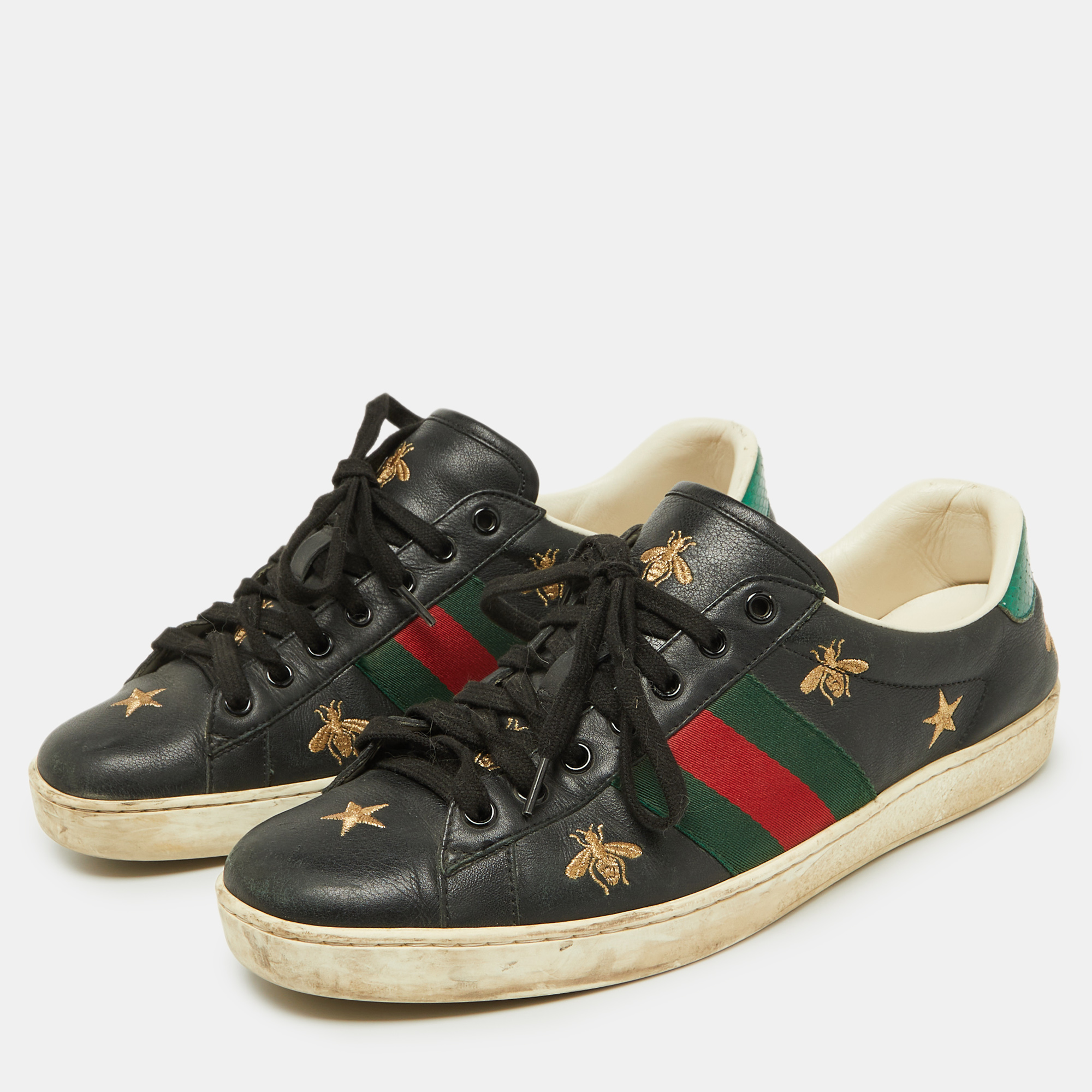 Gucci Black Bee & Star Embroidered Leather Ace Low Top Sneakers Size 42.5