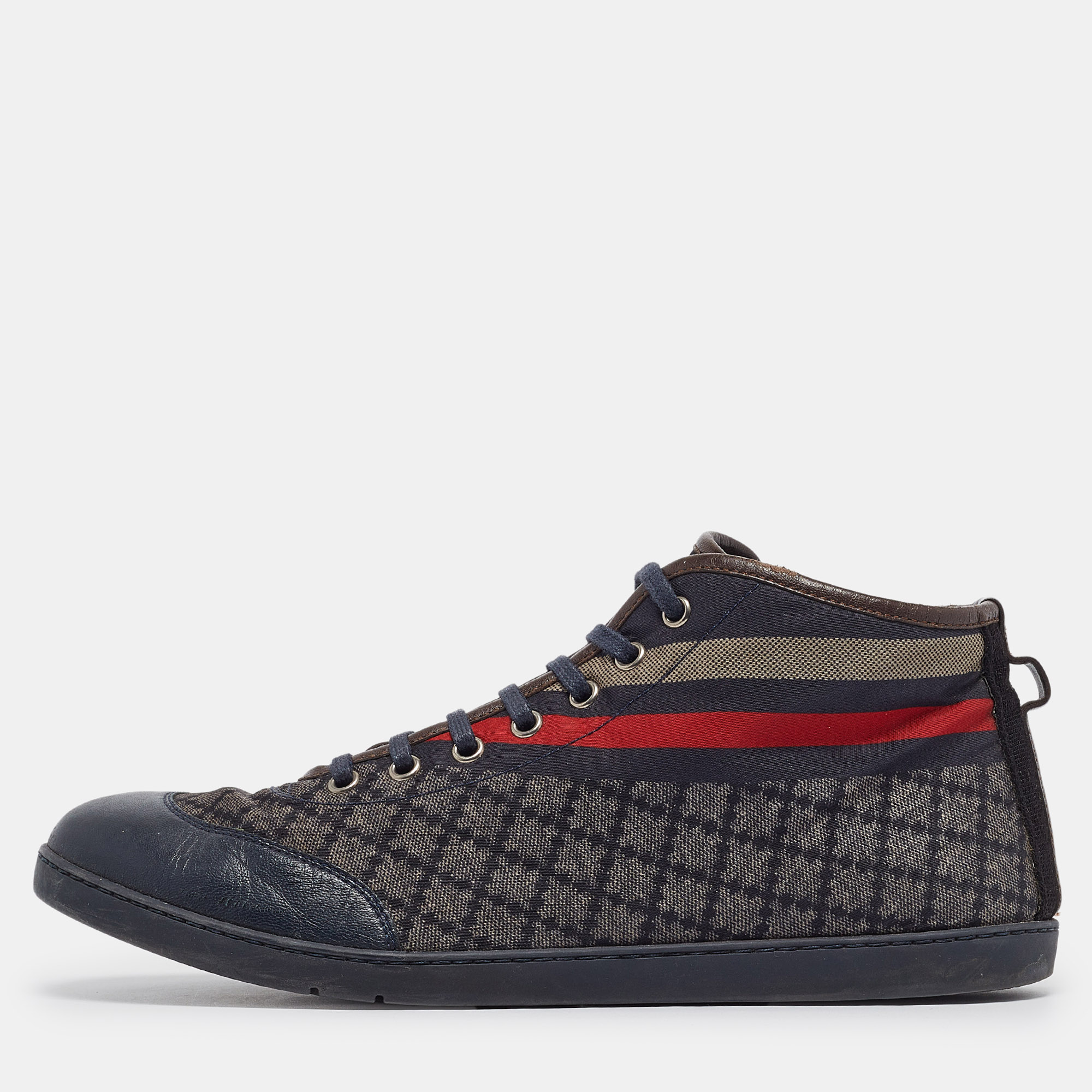 Gucci navy blue leather and diamante web print nylon high top sneakers size 42.5