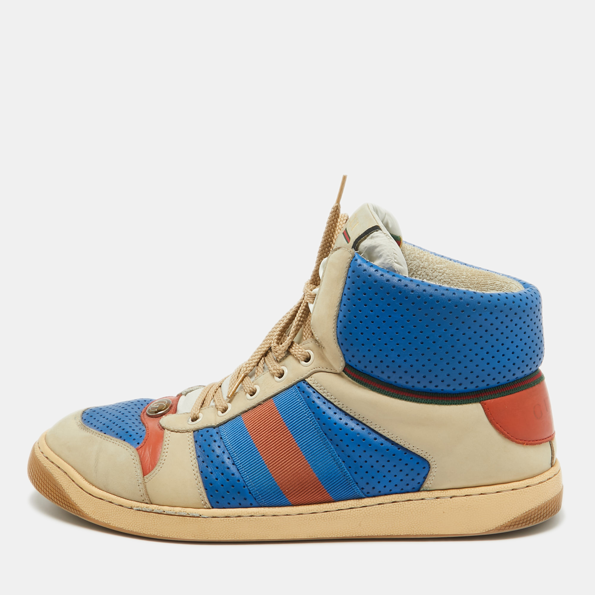 Gucci multicolor perforated leather screener gg high top sneakers size 44.5