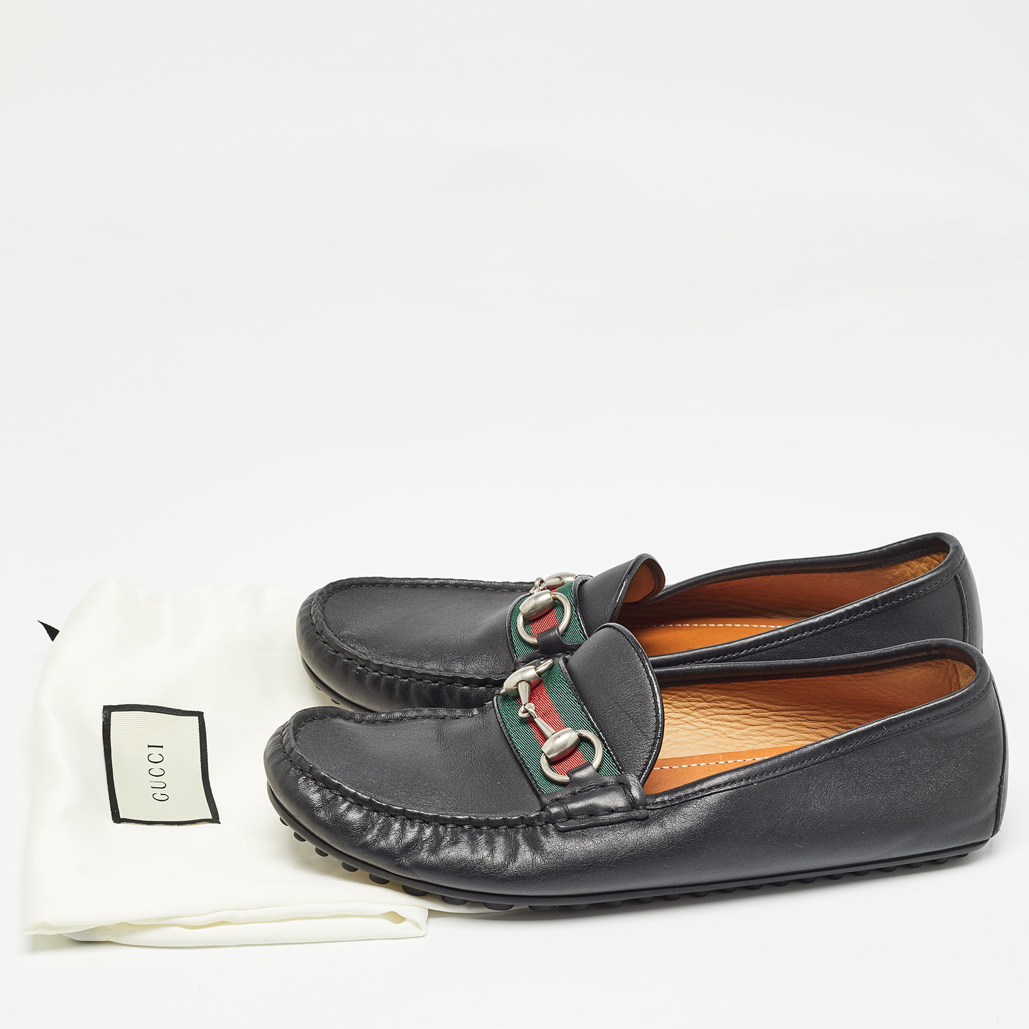 Gucci Black Leather Web Horsebit Slip On Loafers Size 40