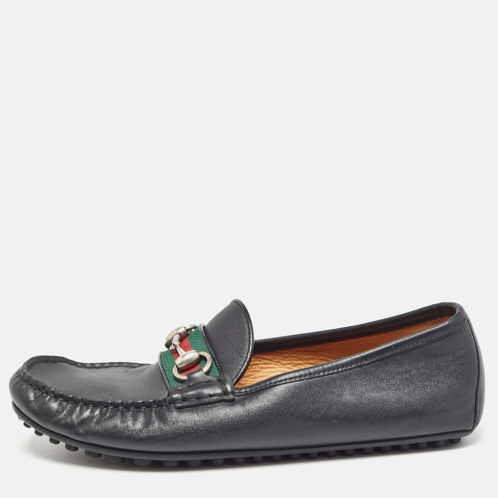 Gucci black leather web horsebit slip on loafers size 40