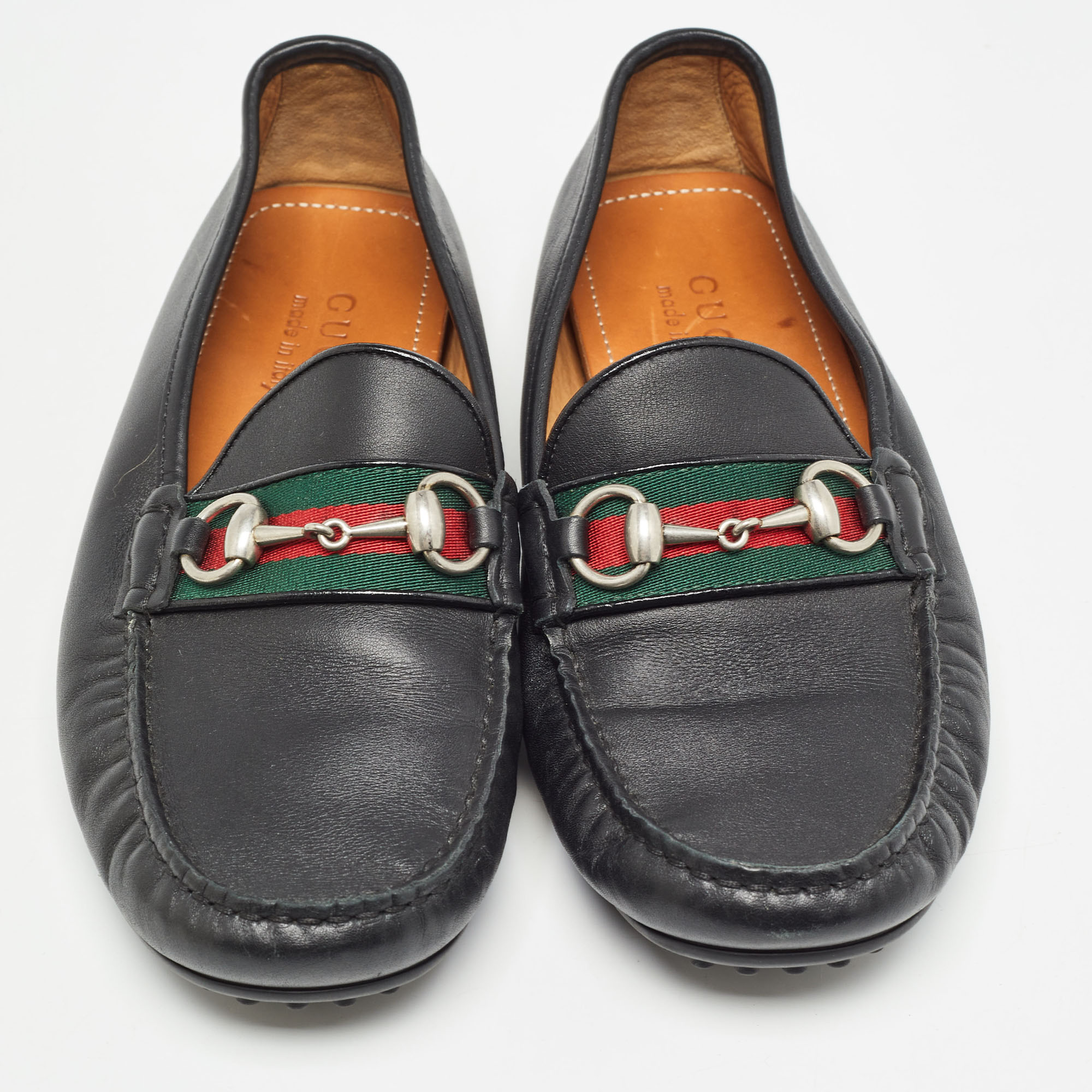 Gucci Black Leather Web Horsebit Slip On Loafers Size 40