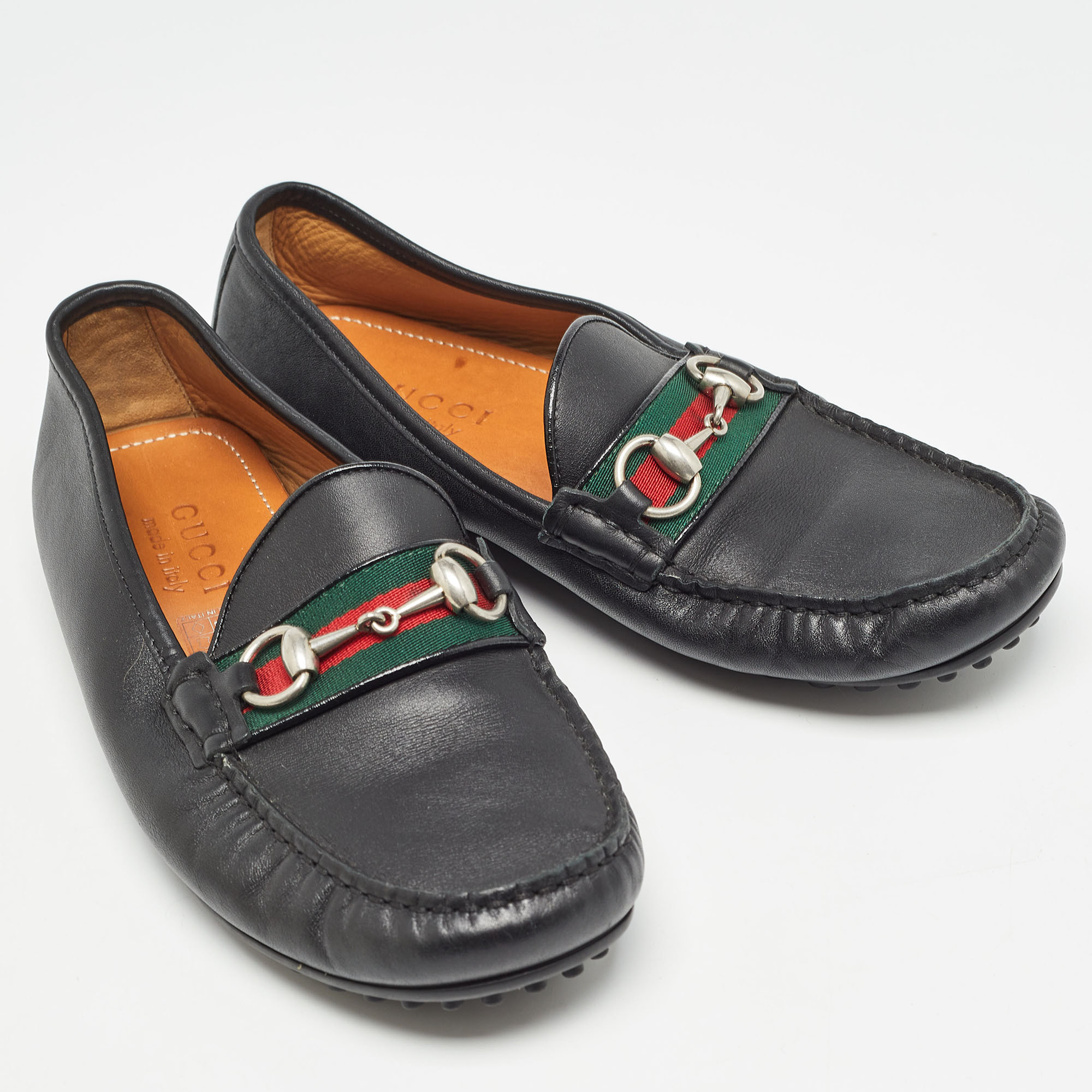 Gucci Black Leather Web Horsebit Slip On Loafers Size 40