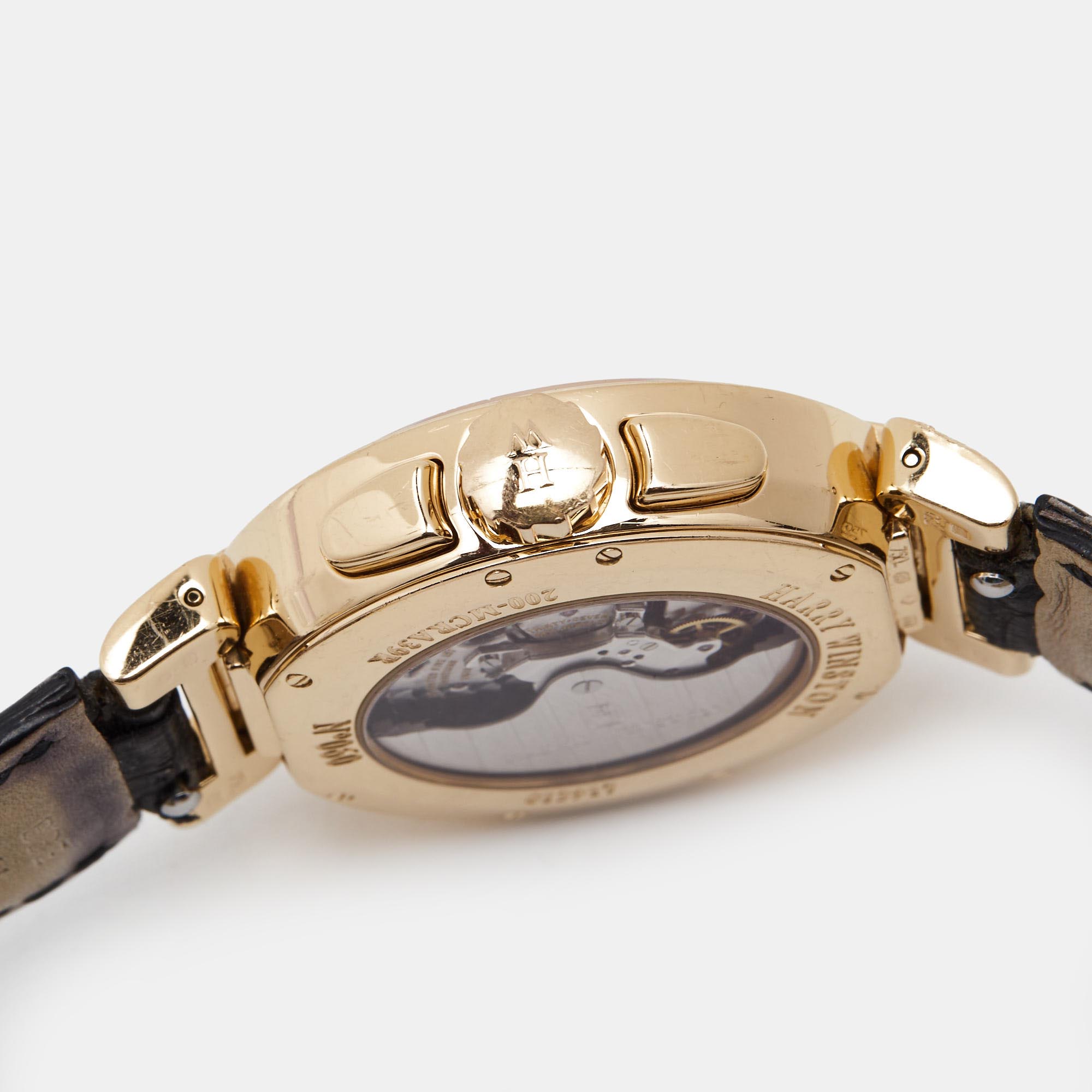 Harry Winston Blue Grey 18K Rose Gold Alligator Leather Premier Excenter 200/MCRA Retrograde Men's Wristwatch 39 Mm