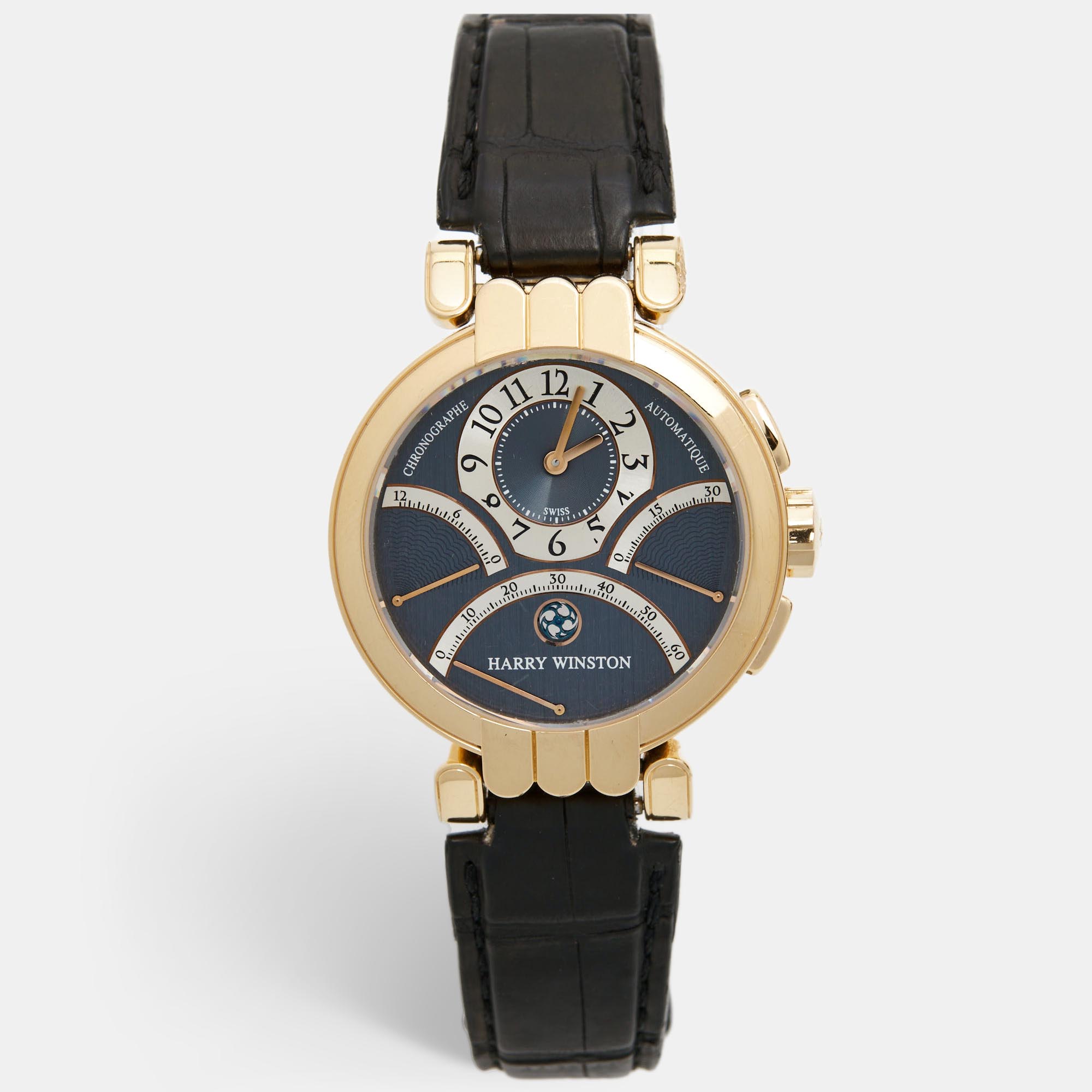 Harry Winston Blue Grey 18K Rose Gold Alligator Leather Premier Excenter 200/MCRA Retrograde Men's Wristwatch 39 Mm