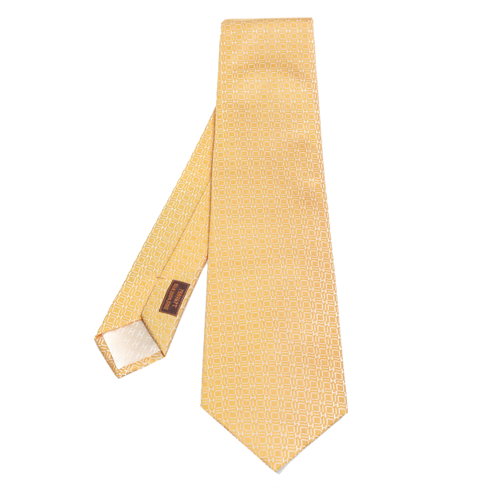 Hermes Yellow H Au Square Pattern Silk Tie