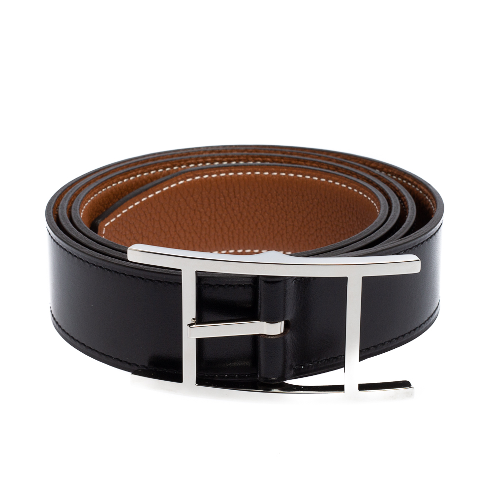 

Hermes Noir/Gold Box and Togo Leather Quentin Reversible Belt, Black