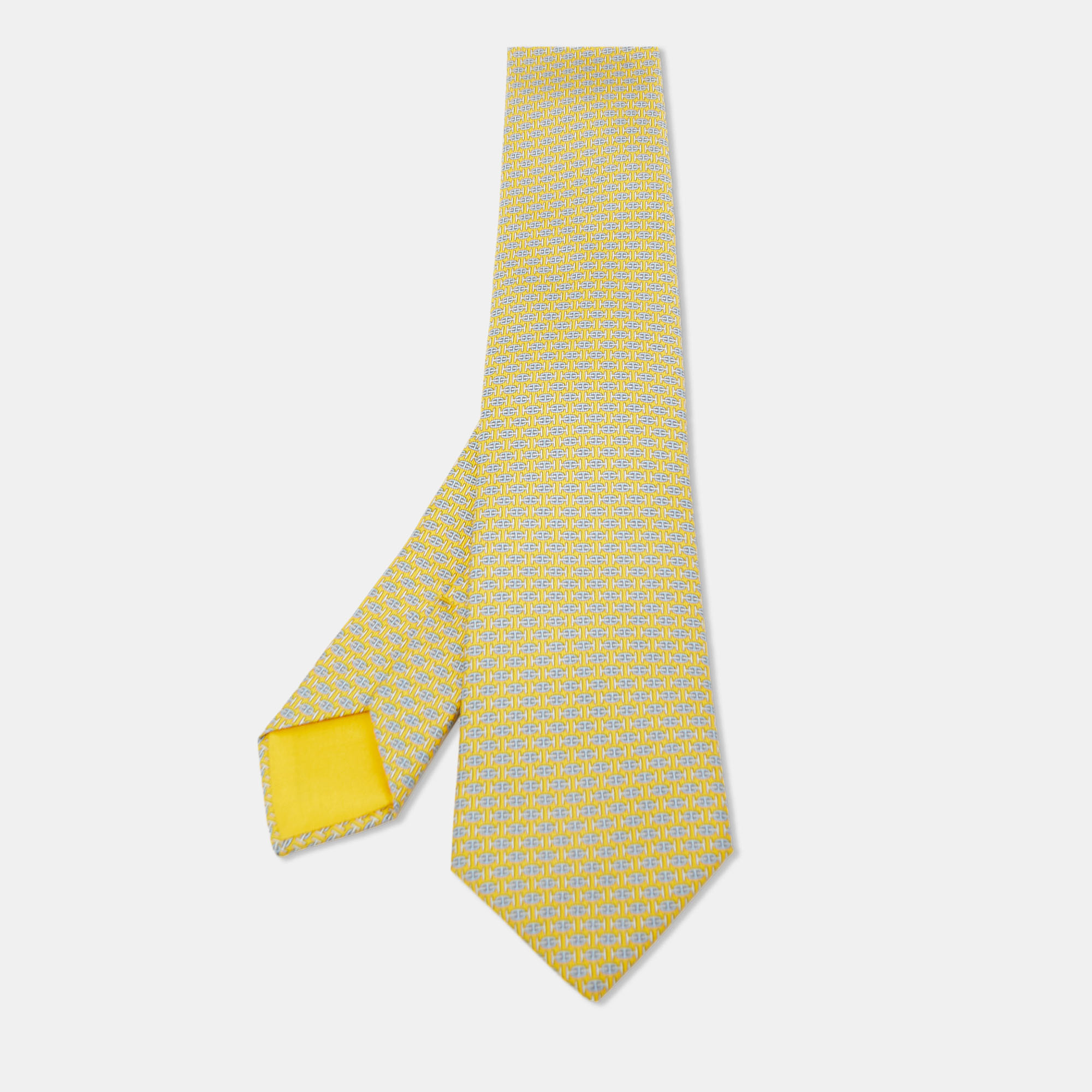 Hermès Yellow H Au Maillon Printed Silk Skinny Tie