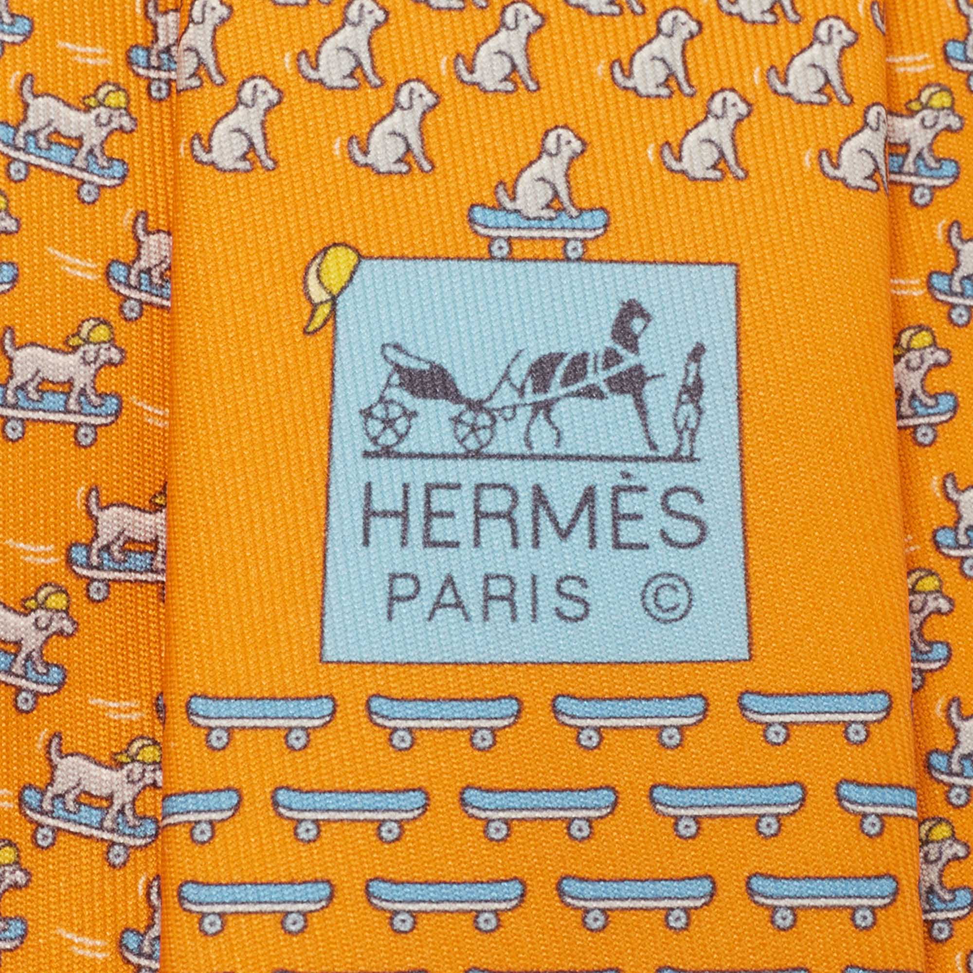 Hermès Orange Roller Dog Printed Silk Slim Tie