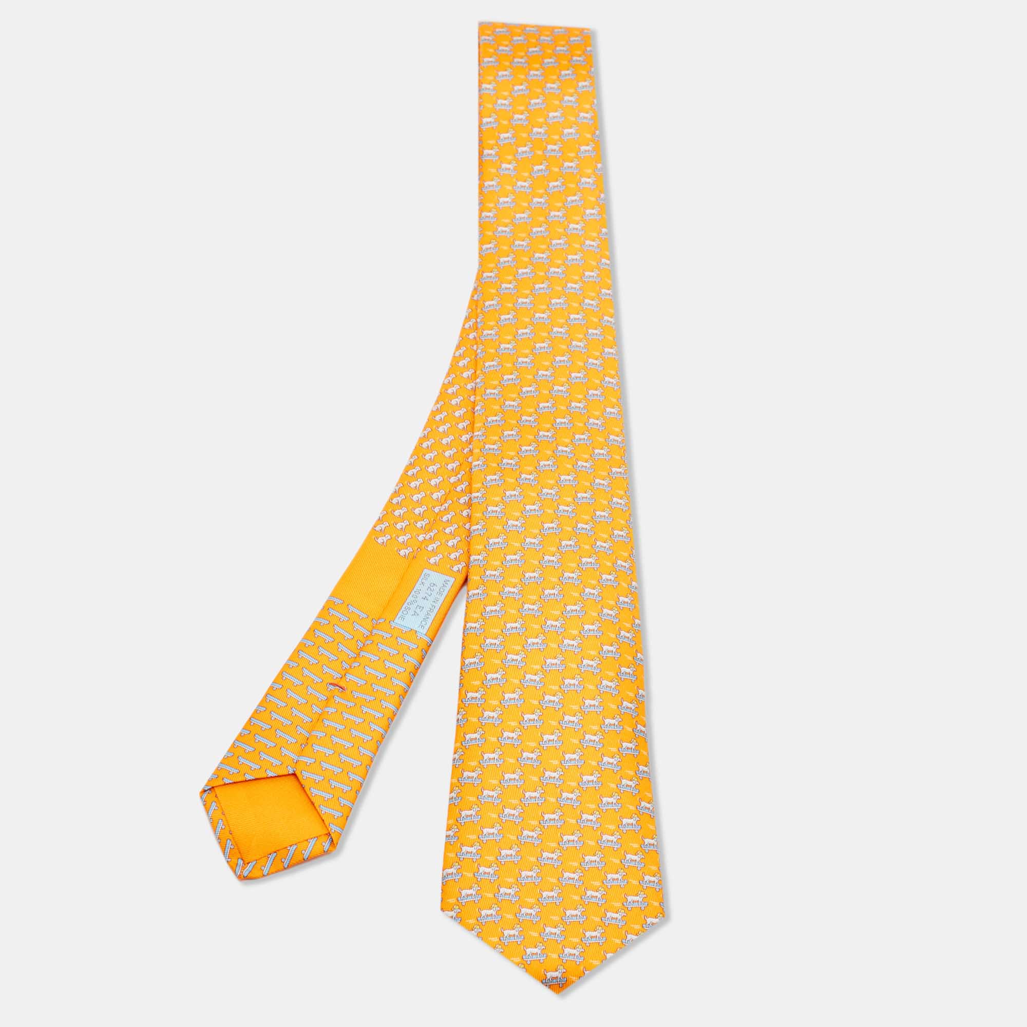 Hermès Orange Roller Dog Printed Silk Slim Tie