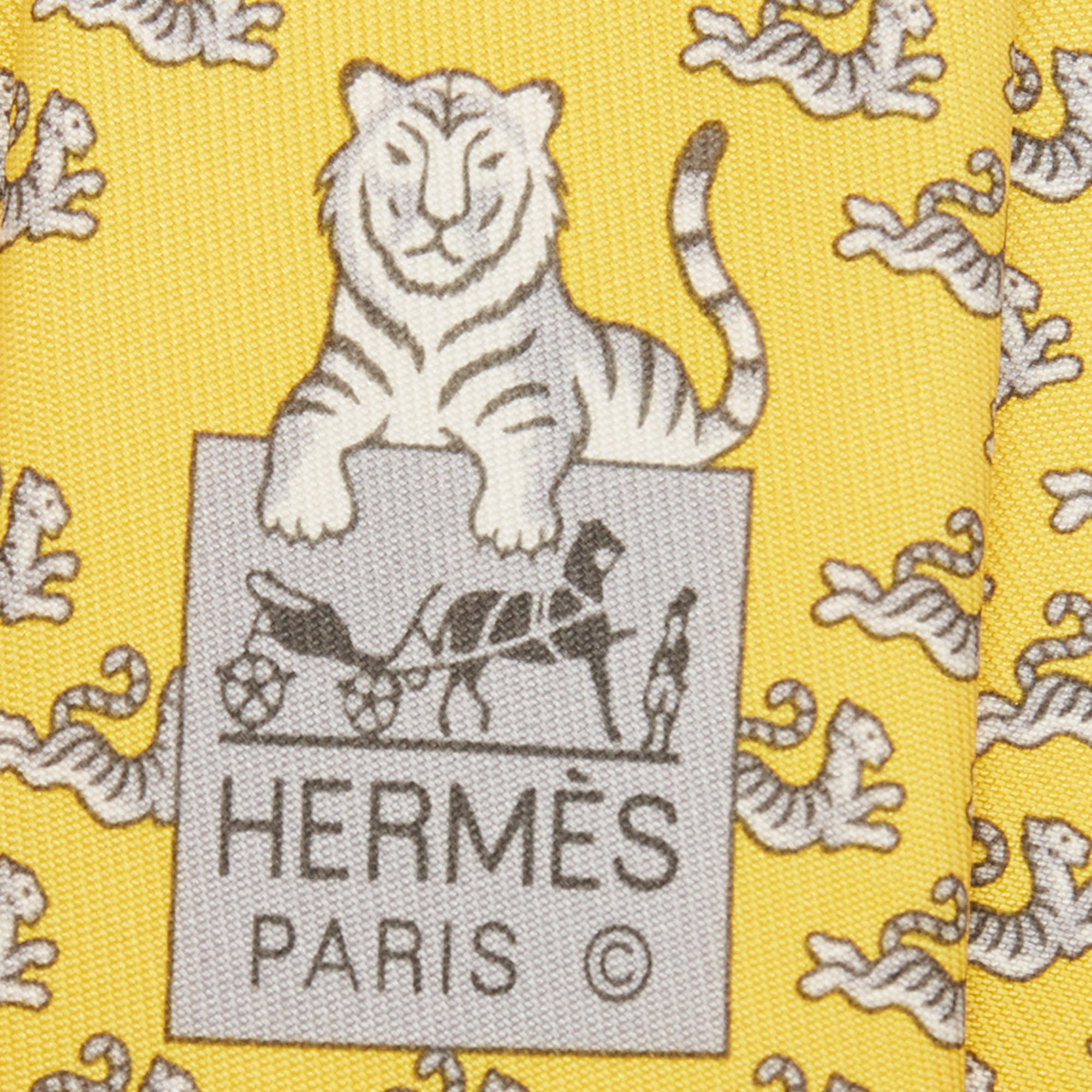 Hermes Yellow Happy Tiger Printed Silk Slim Tie