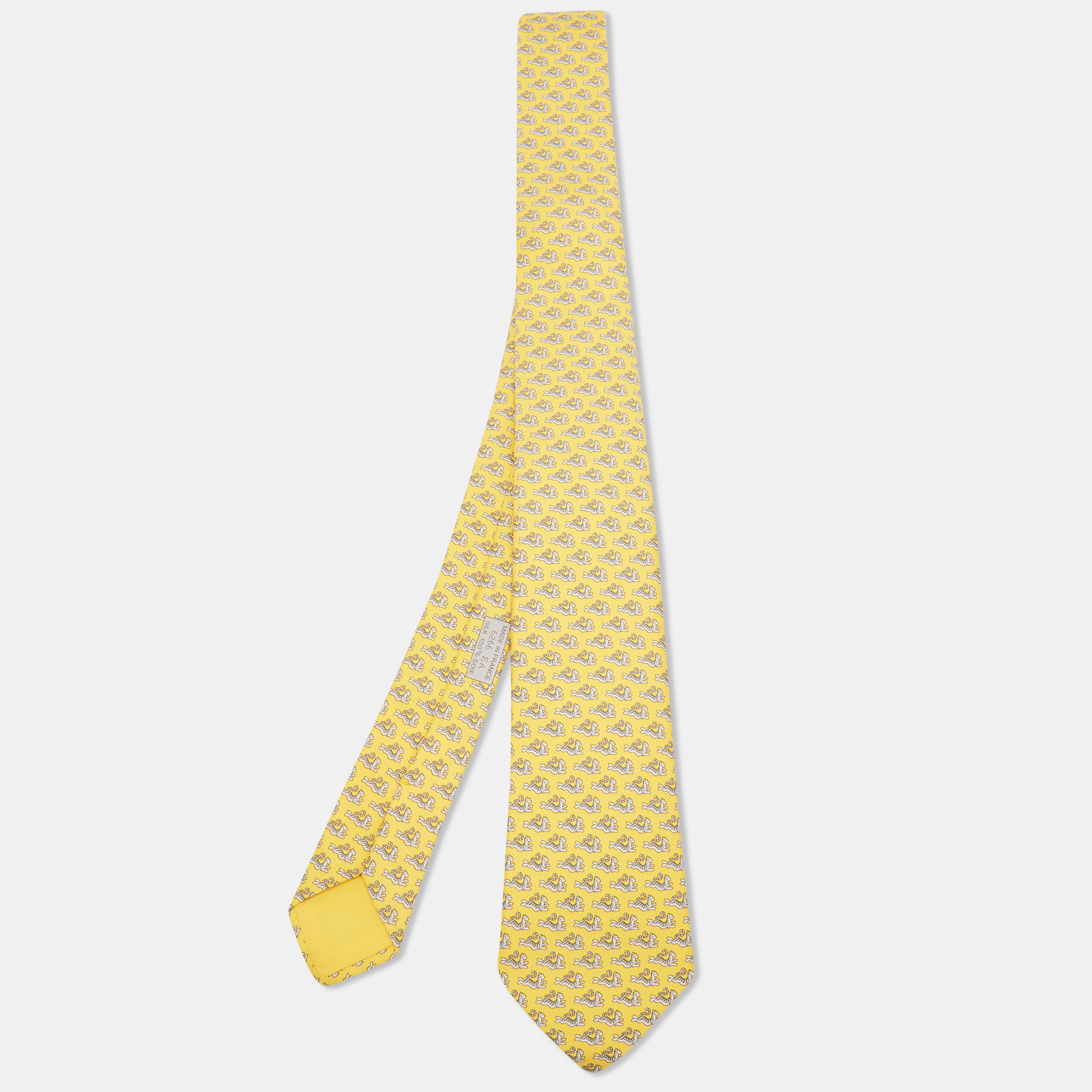 Hermes Yellow Happy Tiger Printed Silk Slim Tie