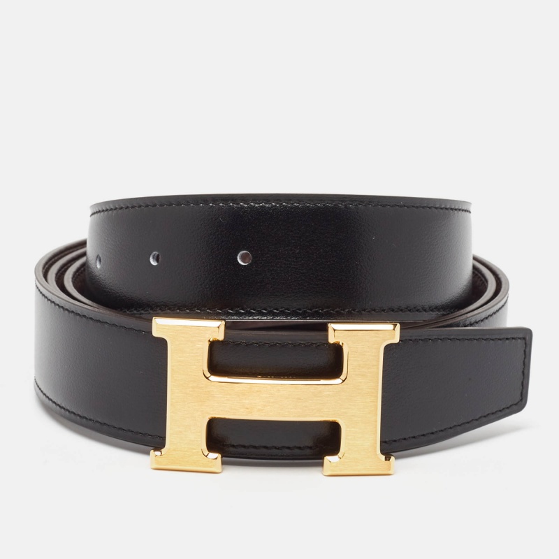 Hermes noir/chocolat box and togo leather brushed h buckle reversible belt 120 cm