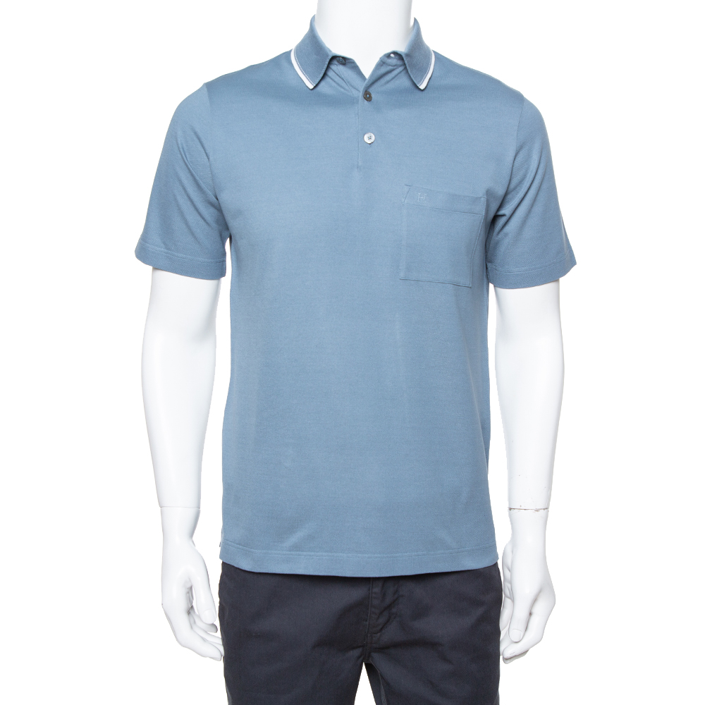 Image of Hermes Blue Gray Cotton Pique Short Sleeve Polo T-Shirt S
