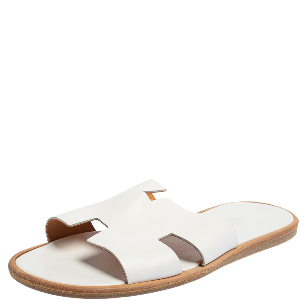 Hermes White Leather Izmir Flat Slides Size 43.5
