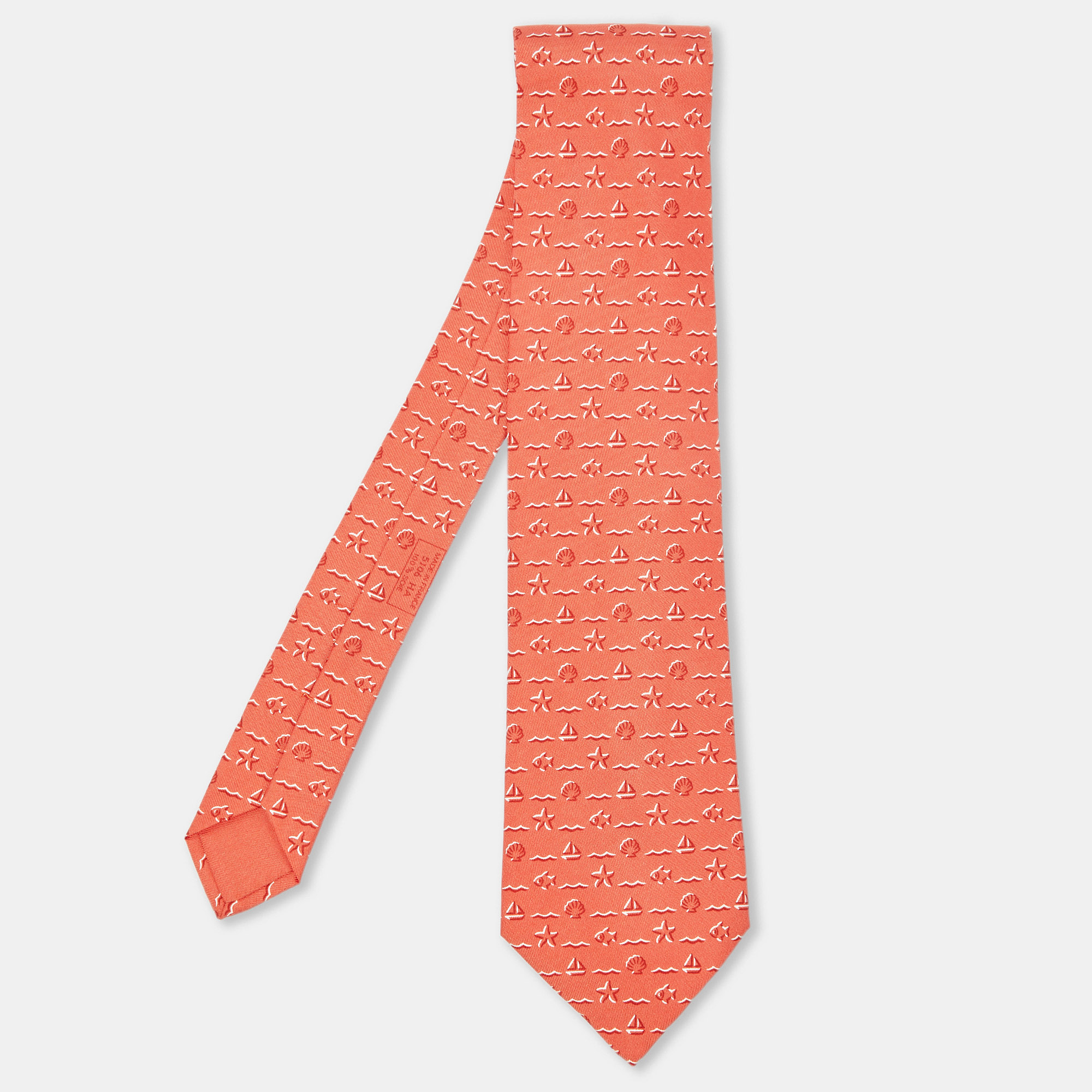 Hermes orange nautical seashell print silk classic tie